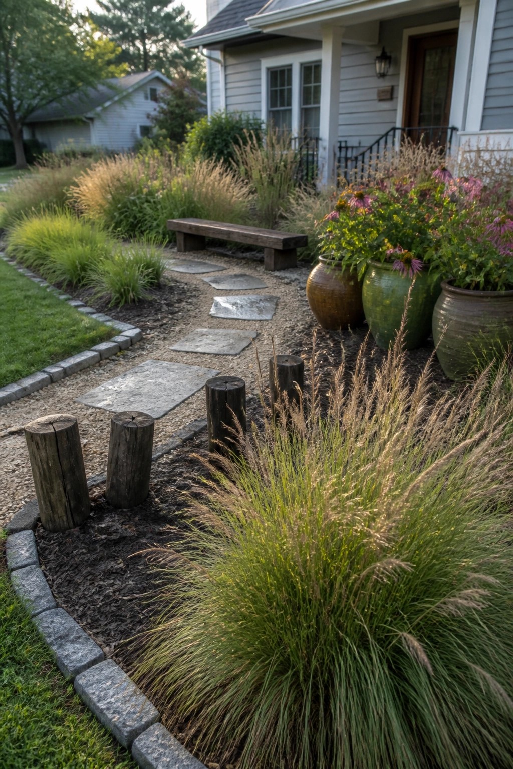 Stone pathway with bench, potted flowers, grasses, and wooden posts near house.