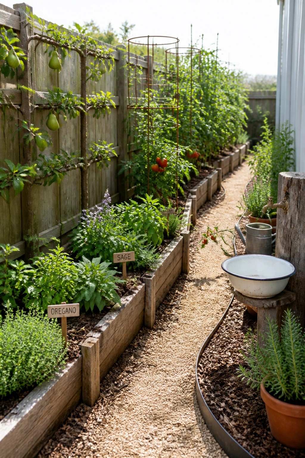 Raised wooden beds with herbs, tomatoes, and pear trees along gravel path.