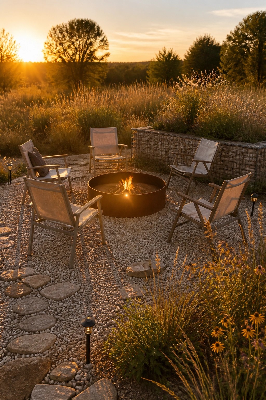 A circular fire pit surrounded by four chairs on a gravel surface with a stone path and garden plants nearby.