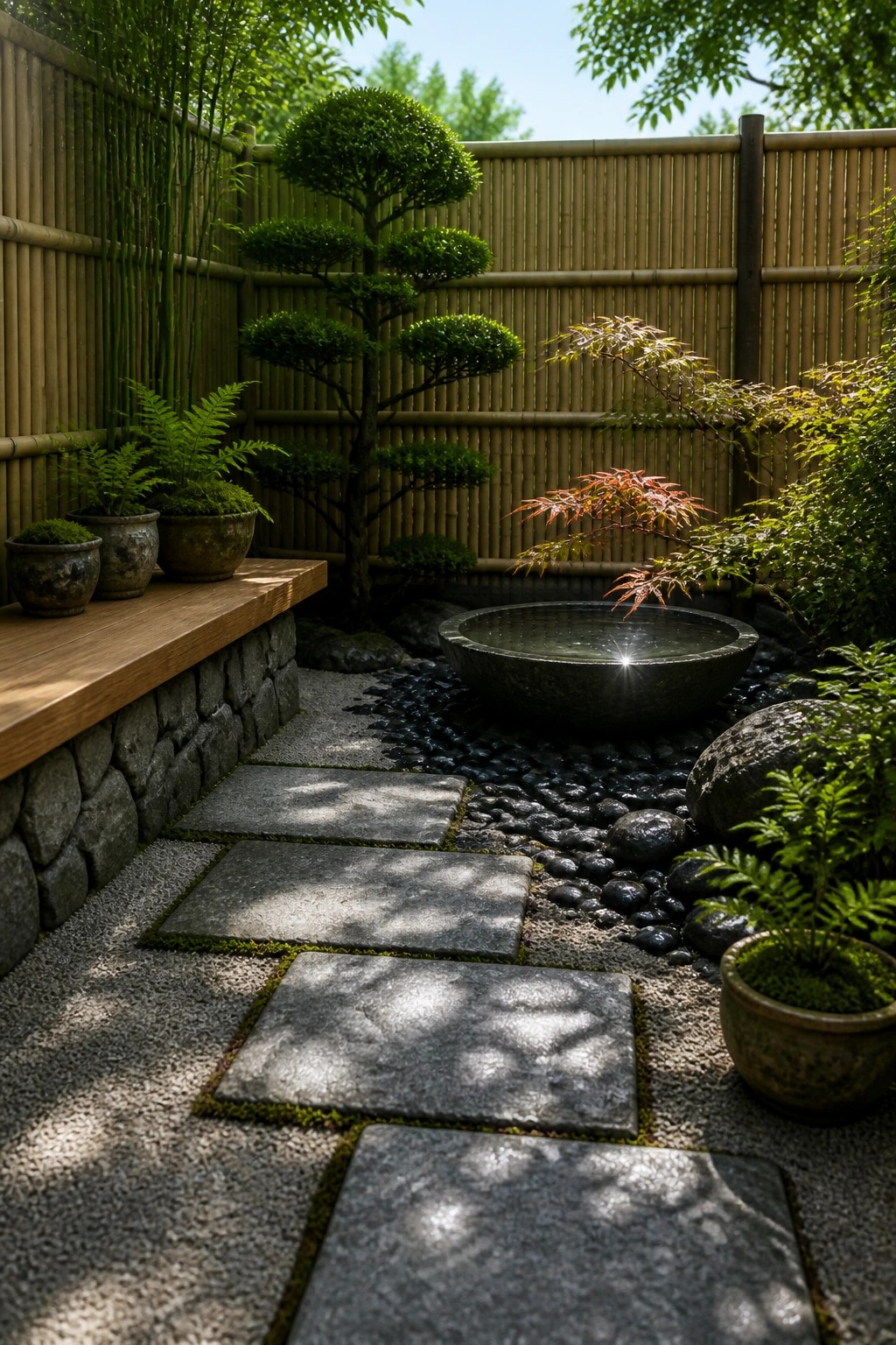 Zen garden with stone path, water basin, bamboo fence and bonsai trees.