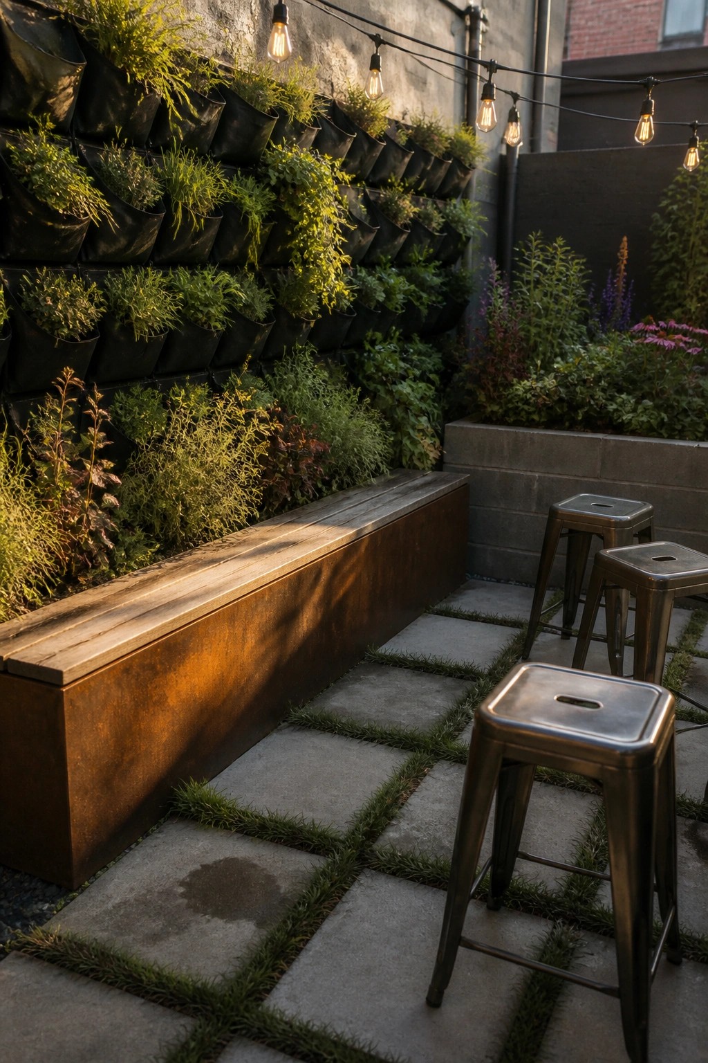 An outdoor patio features a vertical living wall made of black pocket planters filled with various green plants, a wooden bench along the base, metal stools on concrete pavers with grass joints, and string lights overhead.