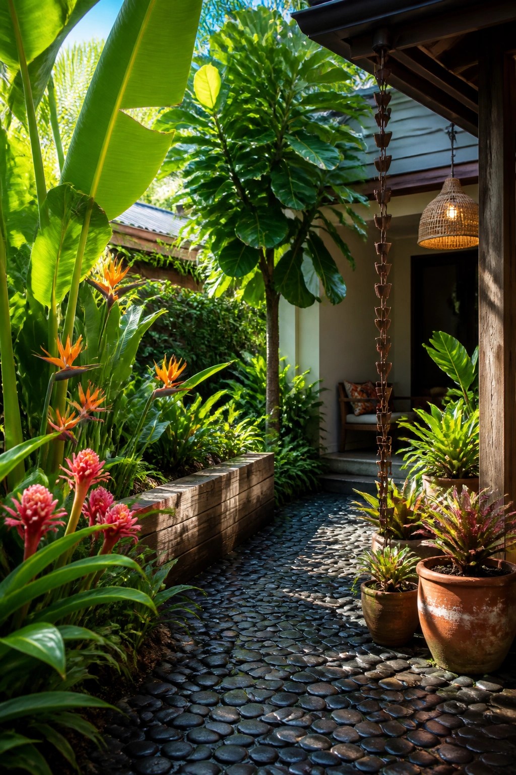 A cobblestone path runs between raised wooden beds filled with tropical plants and flowers, leading toward a house porch with potted plants on the right.