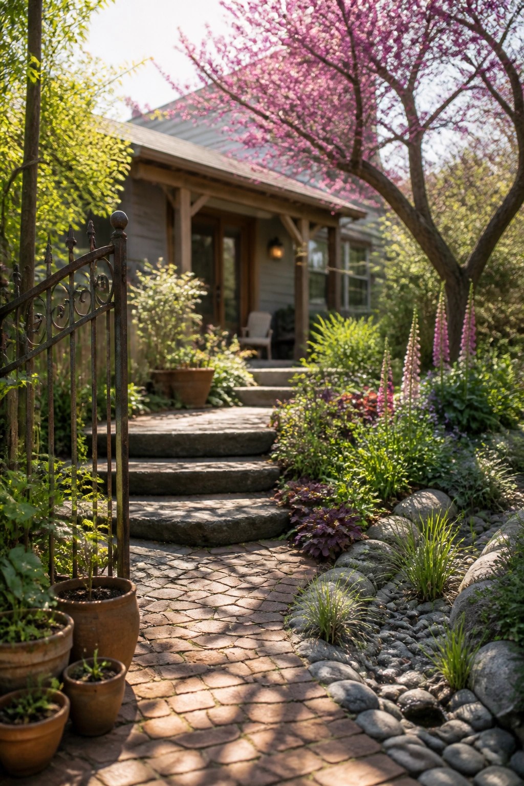 A brick pathway with stone steps leads through a garden to a house entrance, bordered by rocks and flowering plants.