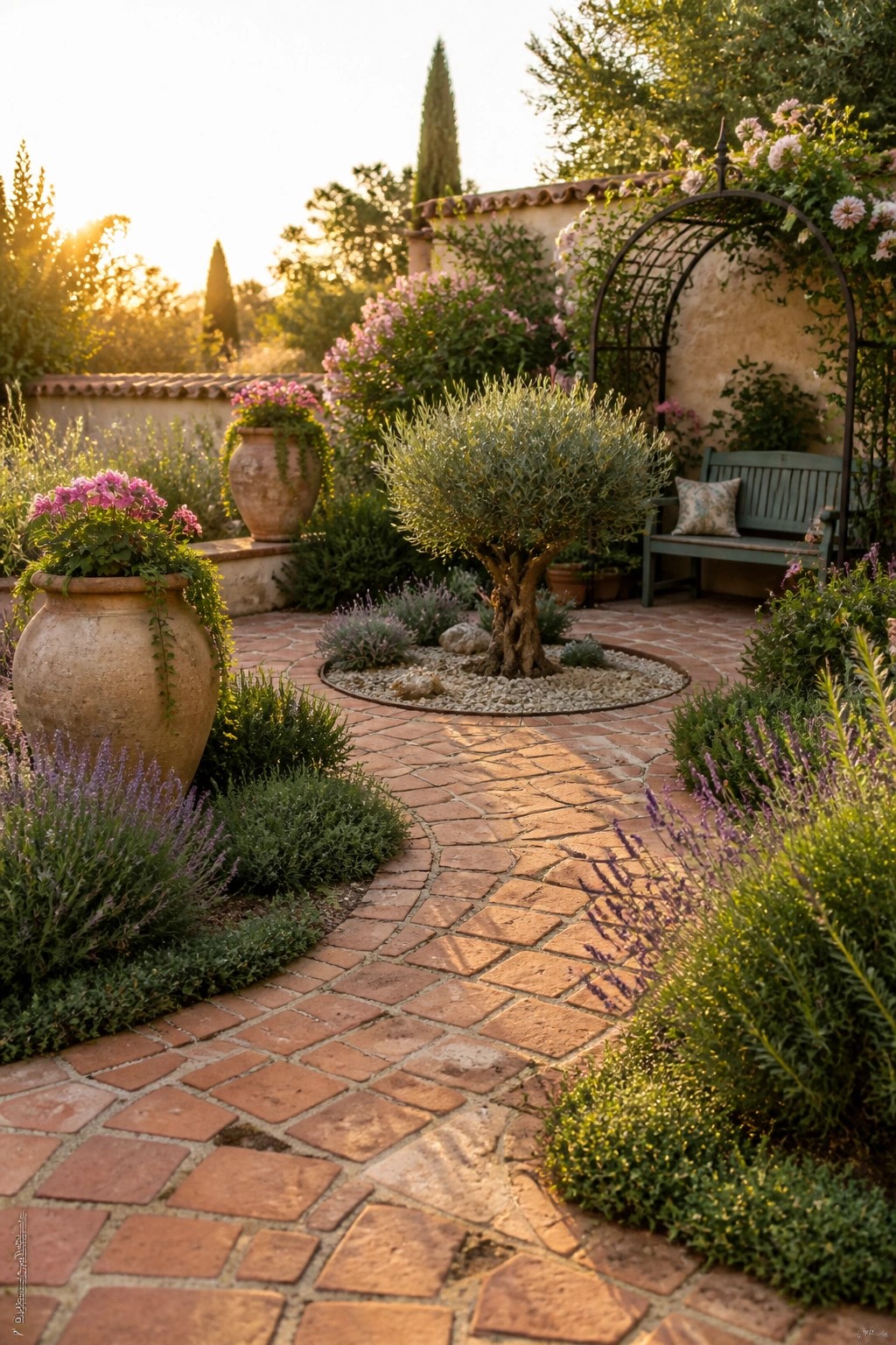 Sunlit brick garden path with terracotta pots, olive tree, and bench under rose-covered arch.