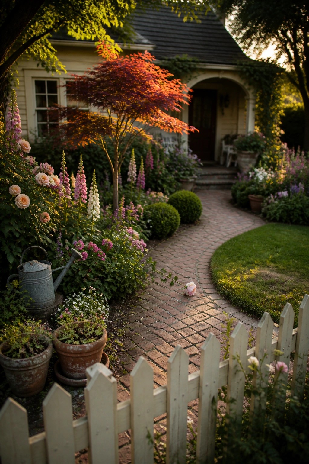 Sunlit garden with brick path, colorful flowers, red maple tree, and white fence