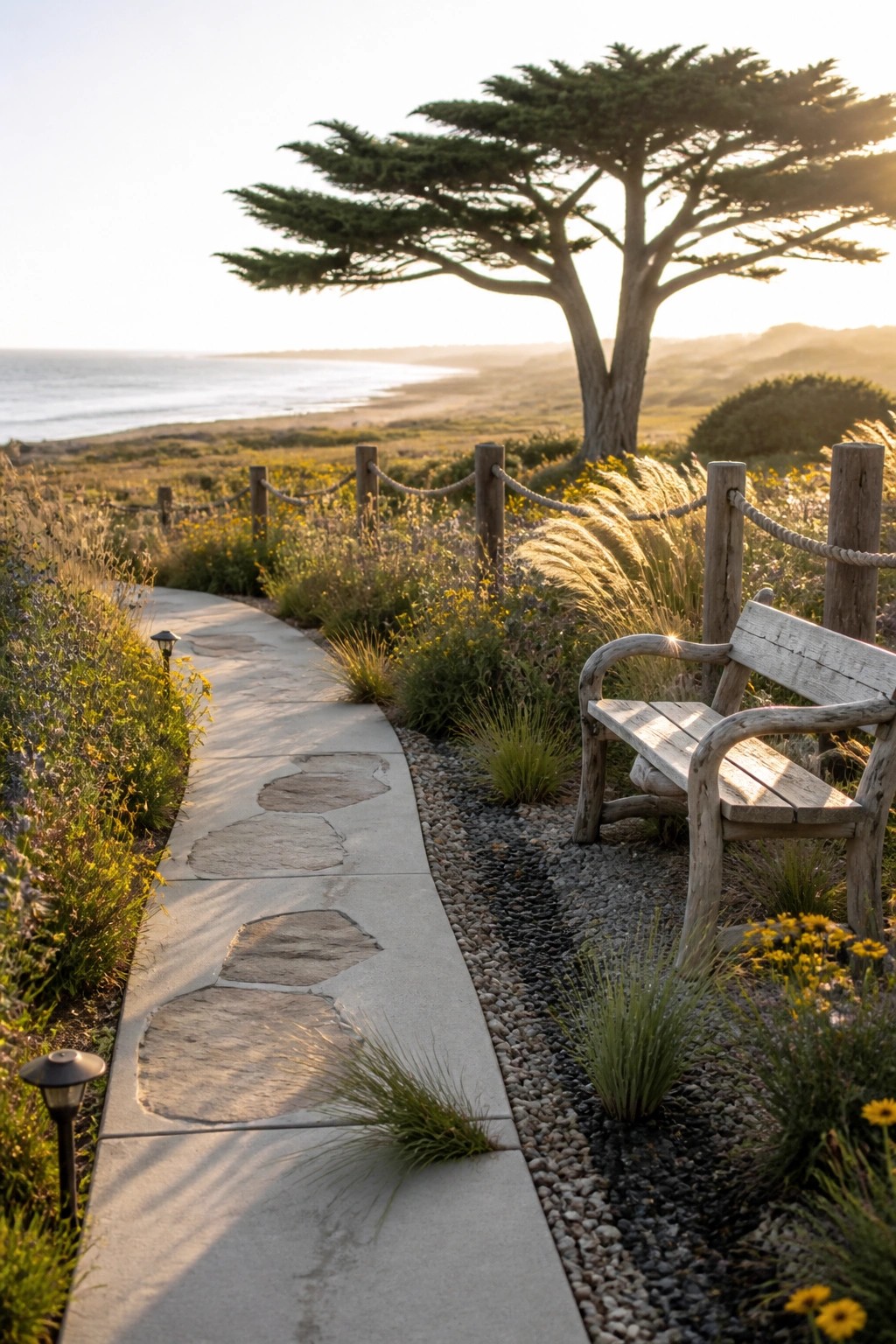 A curving concrete path with embedded stones runs through wildflower beds and grasses, past a wooden bench, with the ocean visible in the background.