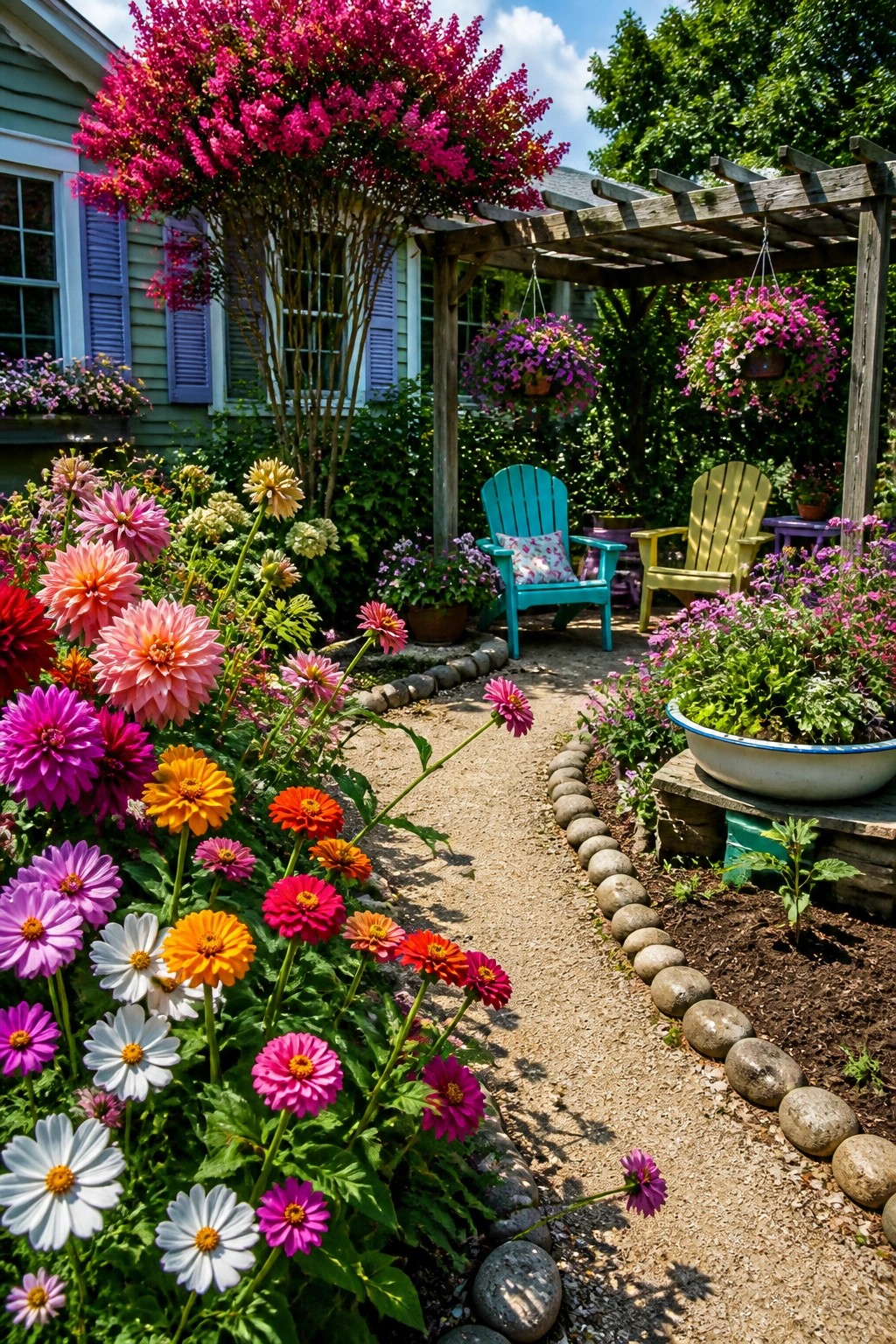 A dirt garden path bordered by round stones, with dense colorful flower beds of zinnias and dahlias on both sides leading toward a wooden pergola with chairs.