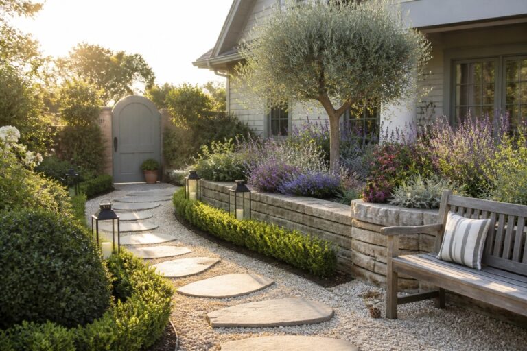 Stone path with lantern, wooden bench, purple flowers, and garden shrubs at sunset.
