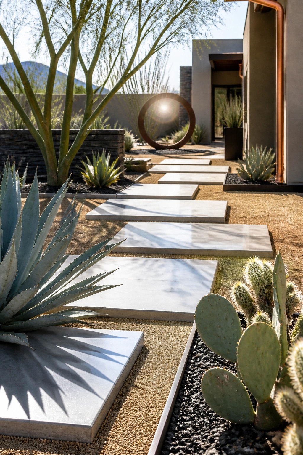 A front yard path made of large rectangular concrete pavers set in gravel, with agave, prickly pear cactus, and trees beside a modern house.