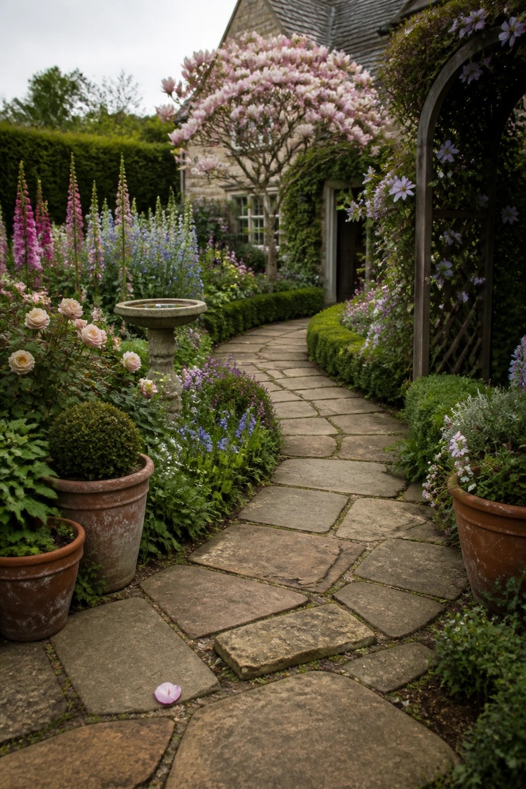 A curved stone pathway lined with layered flower beds, potted plants, and a blooming tree leads toward a stone house.