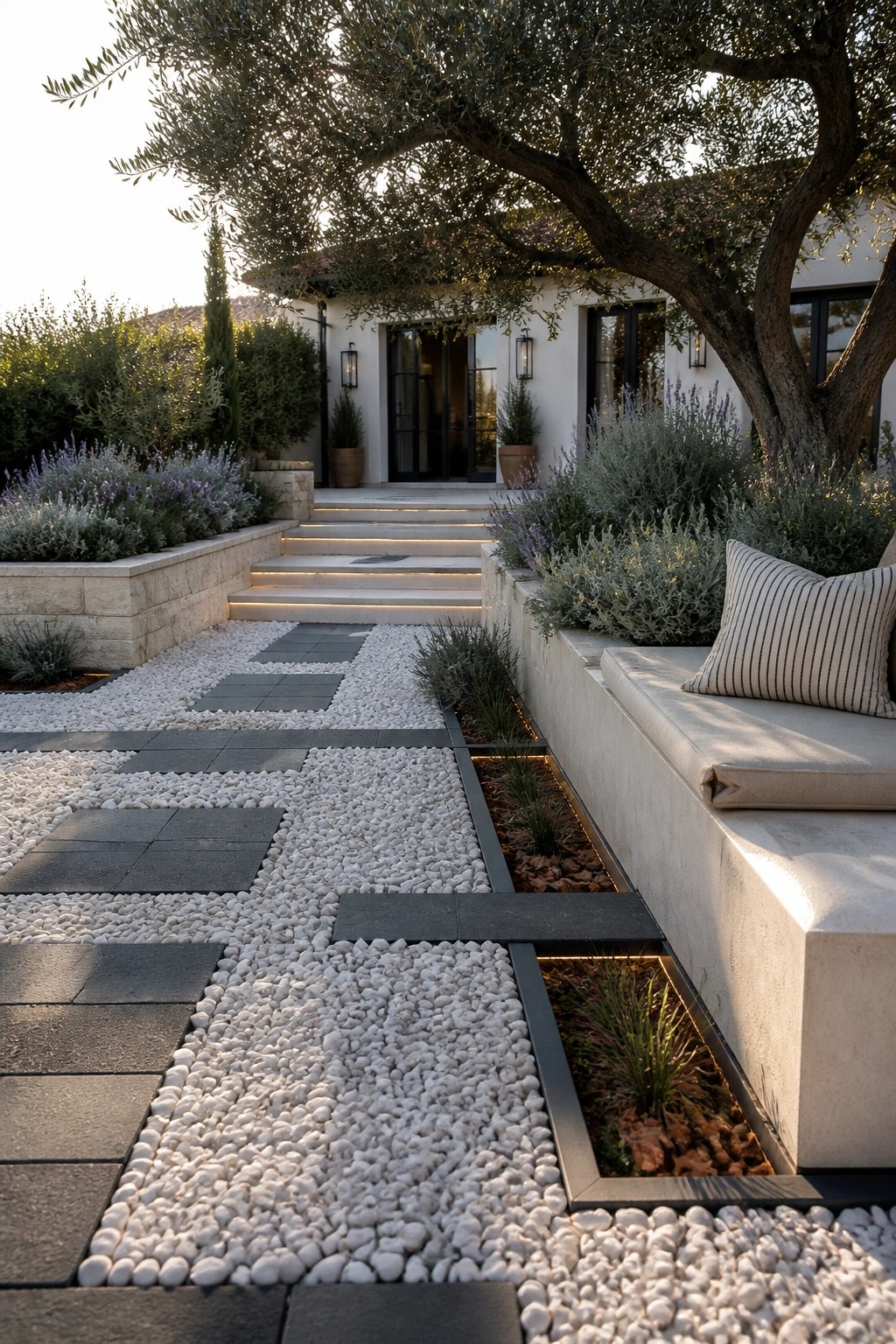 A front yard walkway of white gravel and dark stone pavers leads to lit steps at a house entrance, with lavender plantings and a cushioned bench on the right.
