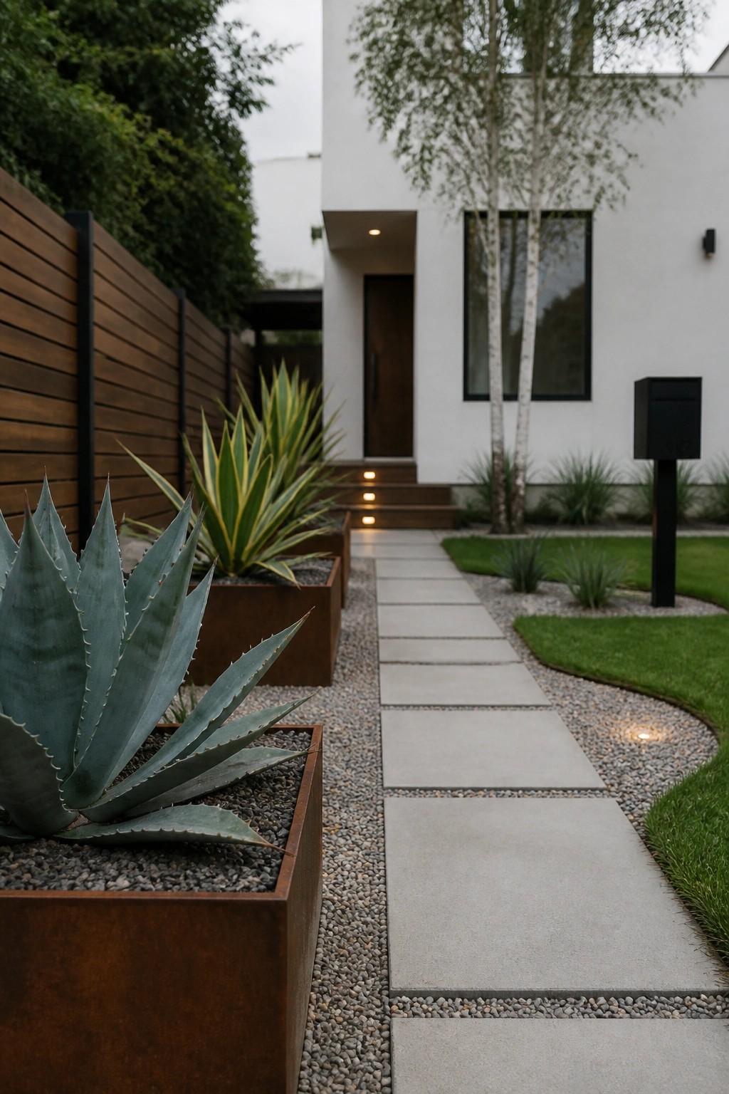 A front yard walkway of large rectangular concrete pavers set in gravel, lined on the left by agave plants in rusted metal planters.