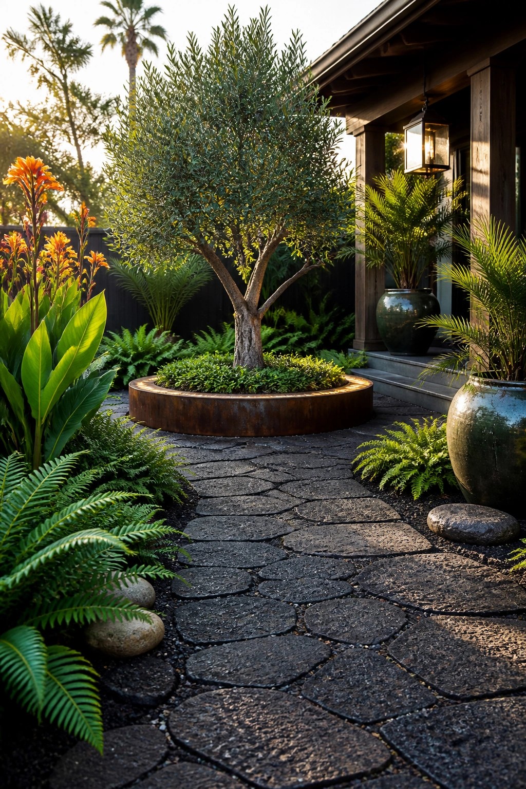 Stone path winds past olive tree in metal ring and lush ferns