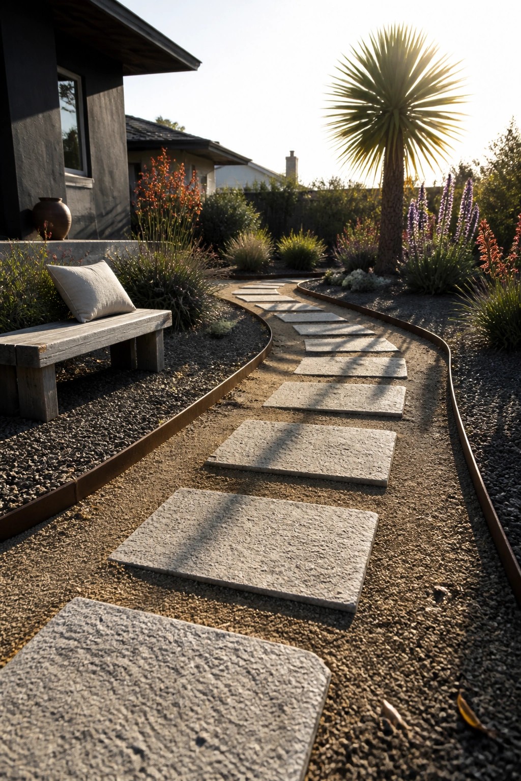 A winding path of rectangular stone pavers set in gravel curves past a wooden bench and garden plants beside a modern house.