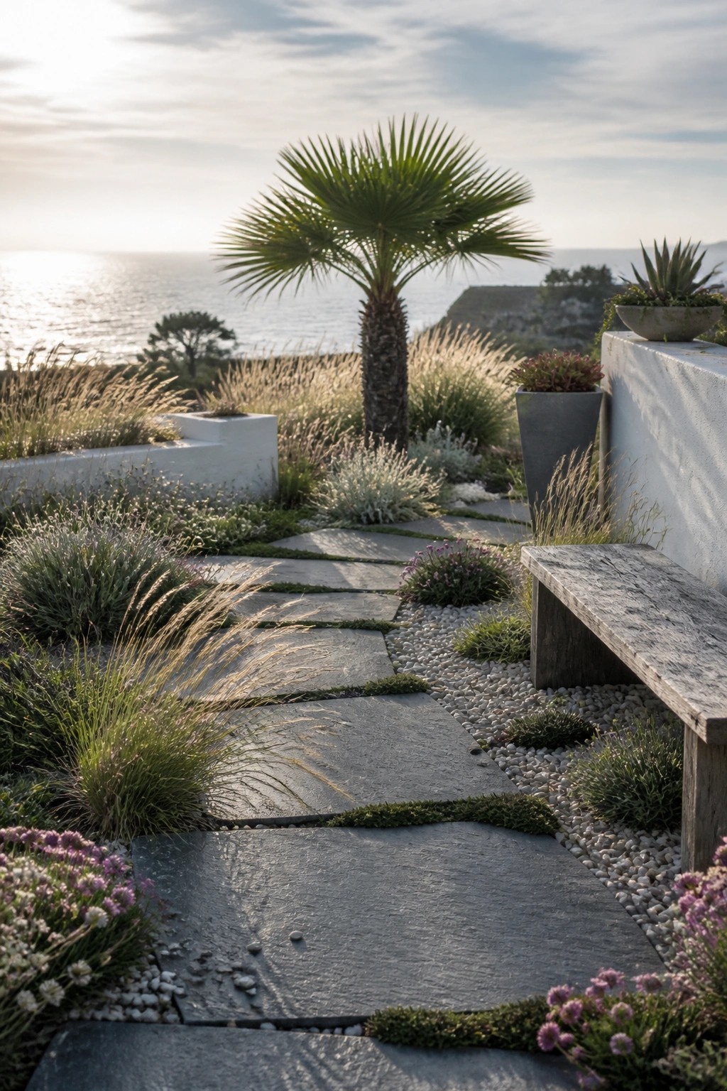 Stone path winds through coastal garden with palm tree and ocean view.
