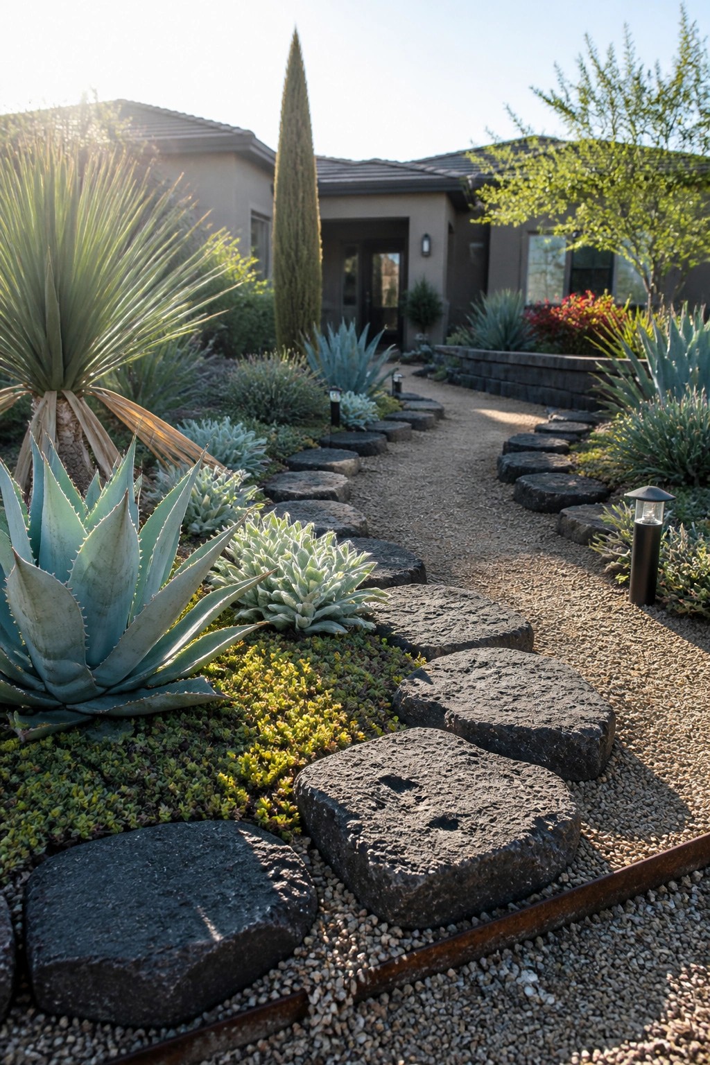 Stepping stone path through succulent garden leading to modern house entrance