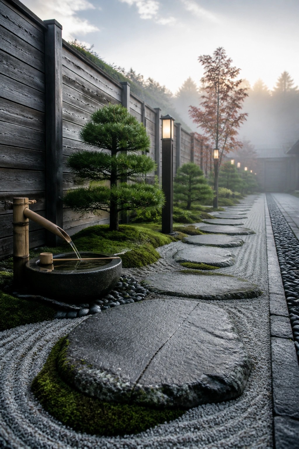 A garden path of large stepping stones set in raked gravel runs beside a bamboo water spout emptying into a stone basin, with moss, lanterns, and trees along a wooden fence.