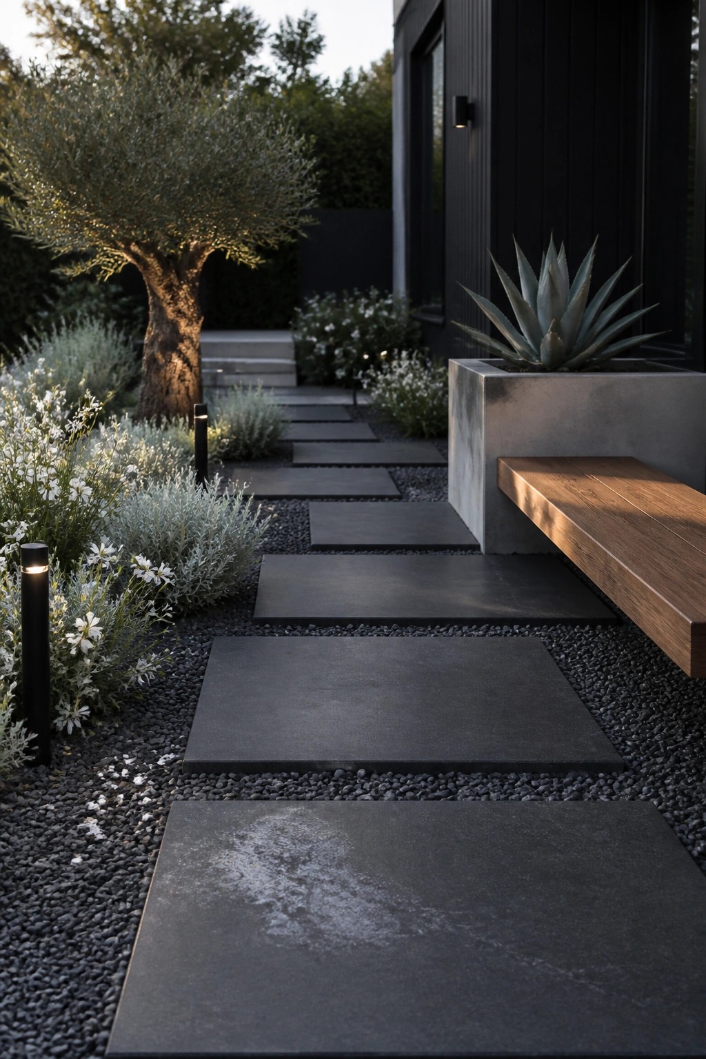 A front yard garden path made of large dark rectangular stepping stones set in gravel, with plants and trees on both sides and a wooden bench on the right.