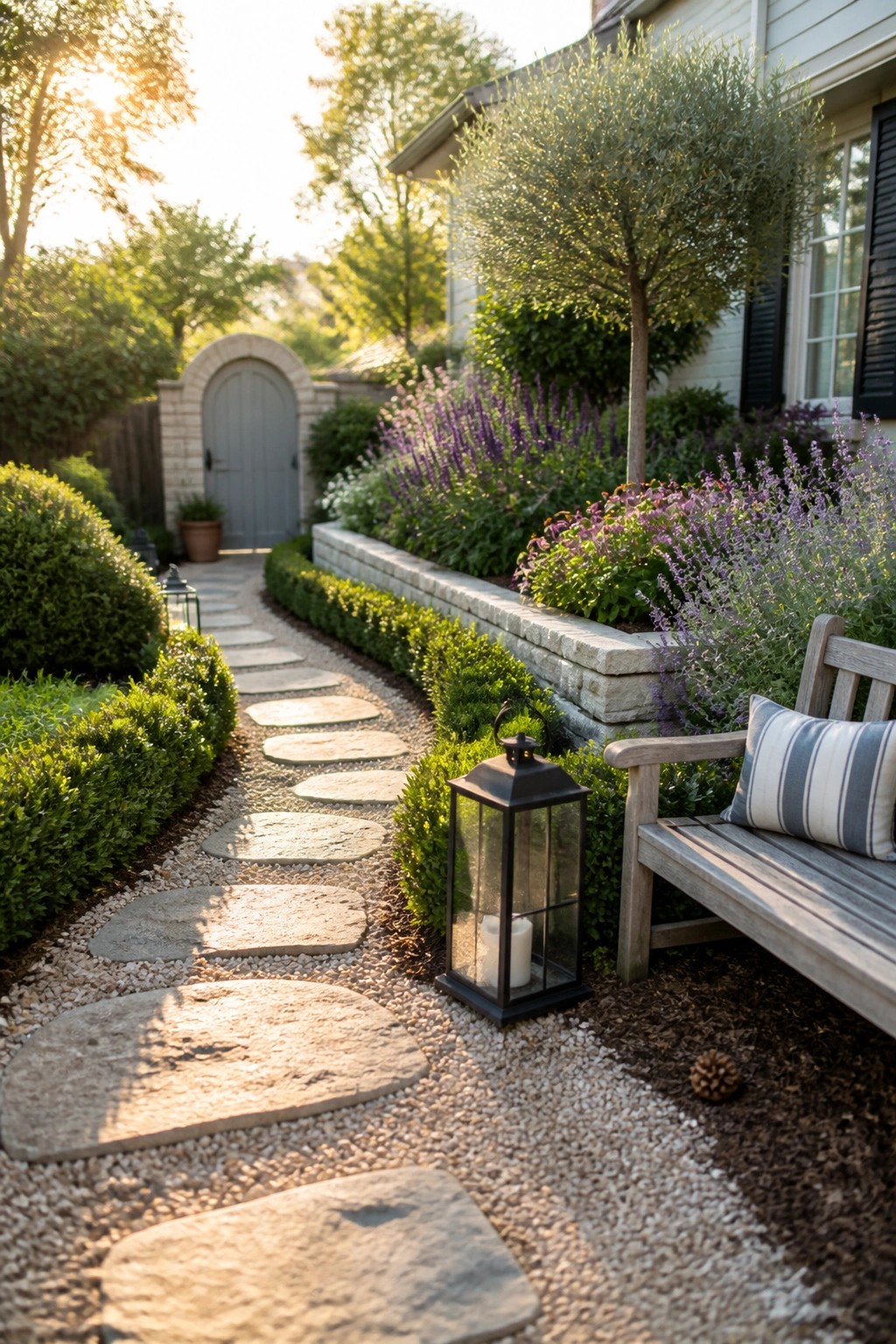Stone path with lantern, wooden bench, purple flowers, and garden shrubs at sunset.
