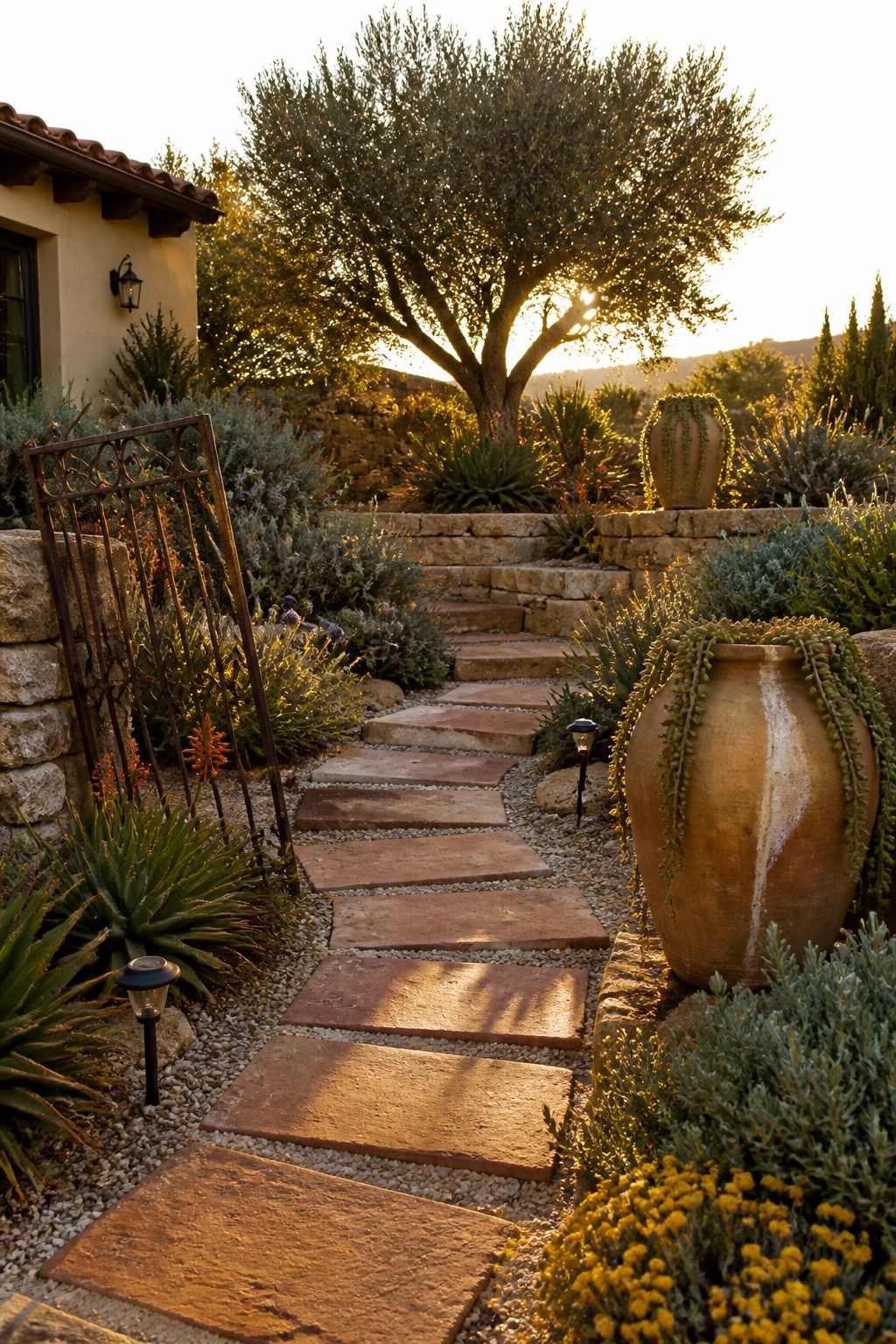 A winding stone paver path set in gravel leads through a front garden with large terracotta pots, shrubs, and trees at sunset.