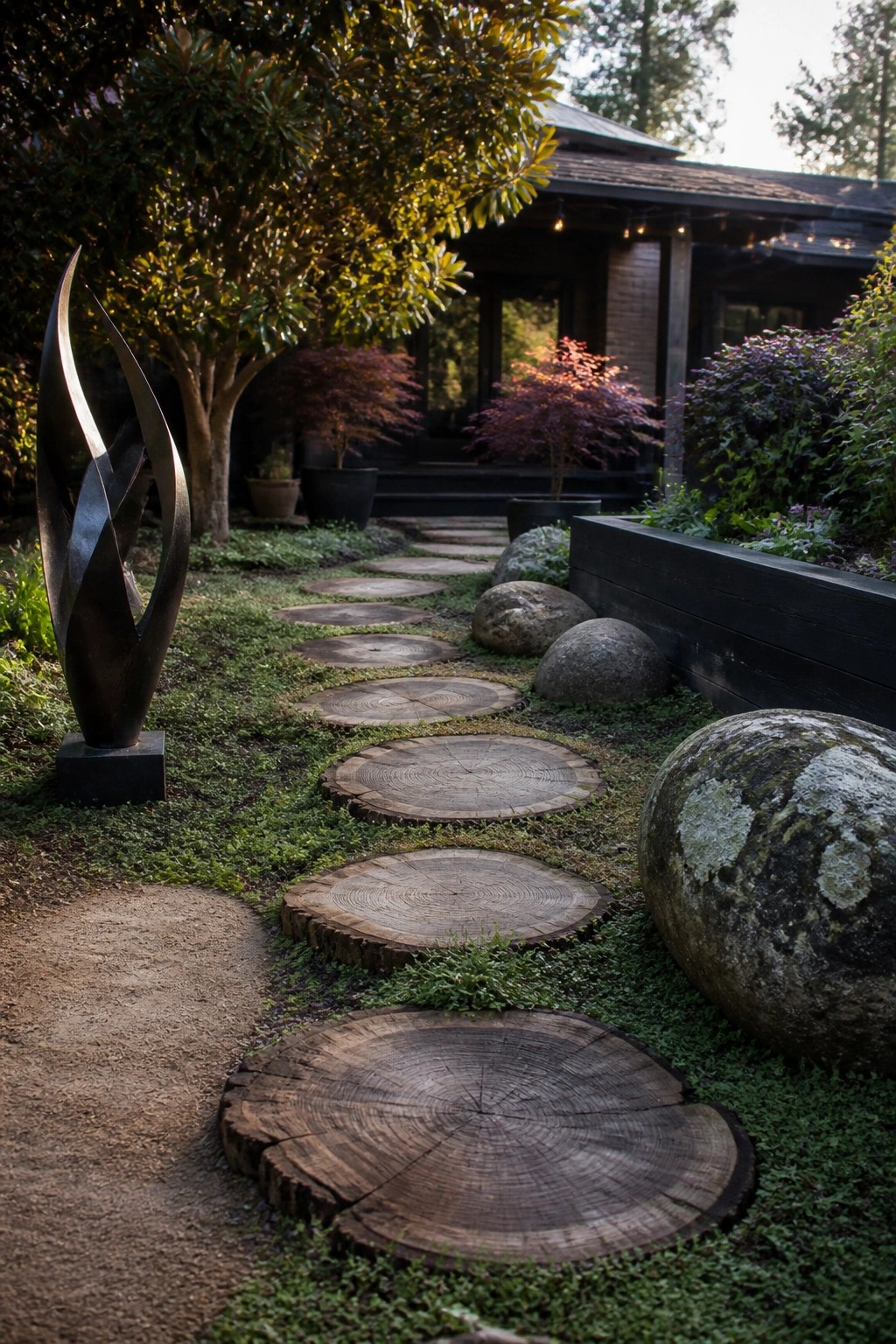 A front yard path made of large wooden tree rounds winds through grass toward a house, with a tall metal sculpture on the left and several large rocks along the right side.