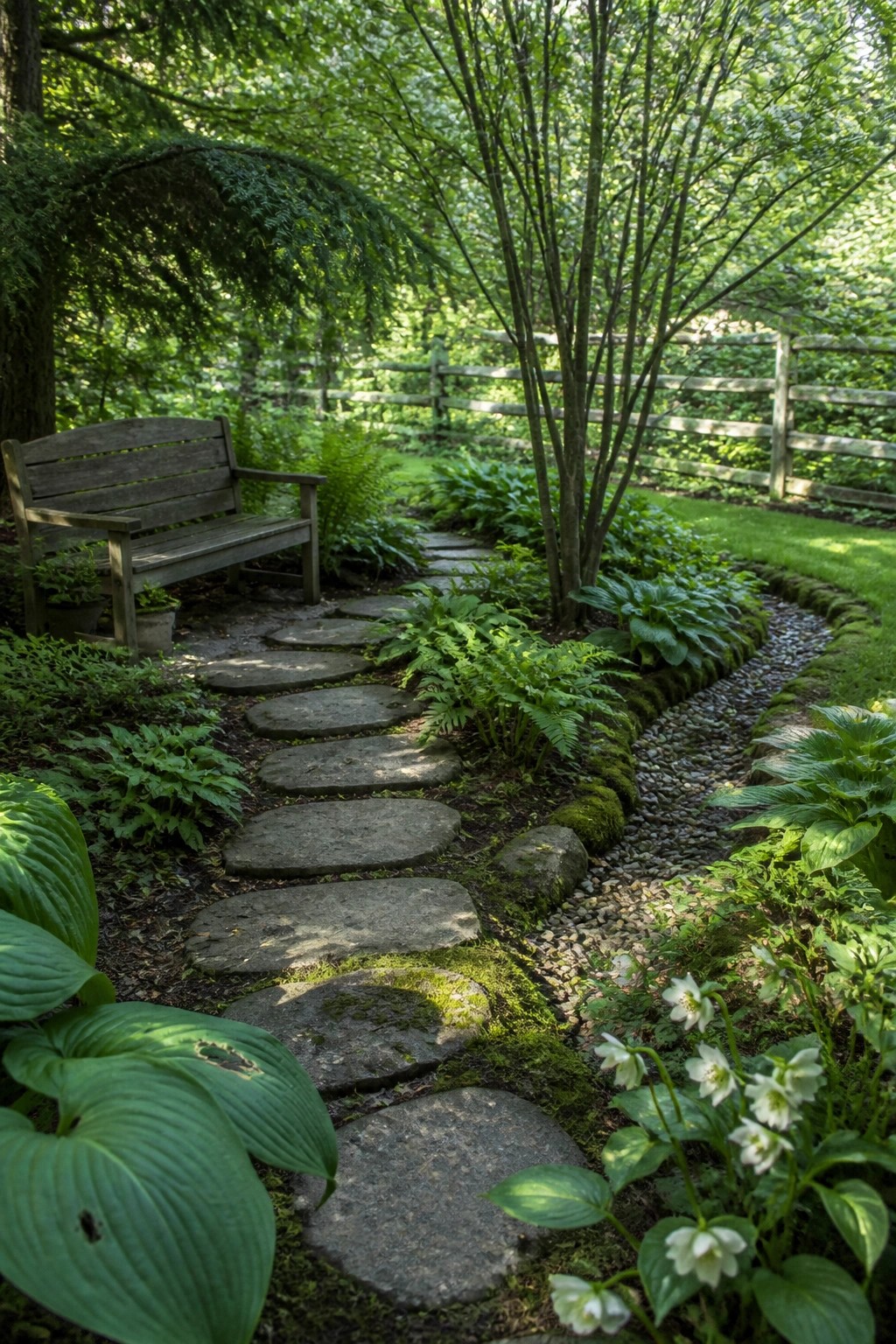 A curving path of large round stepping stones runs through dense green plants and ferns with a wooden bench on the left side.