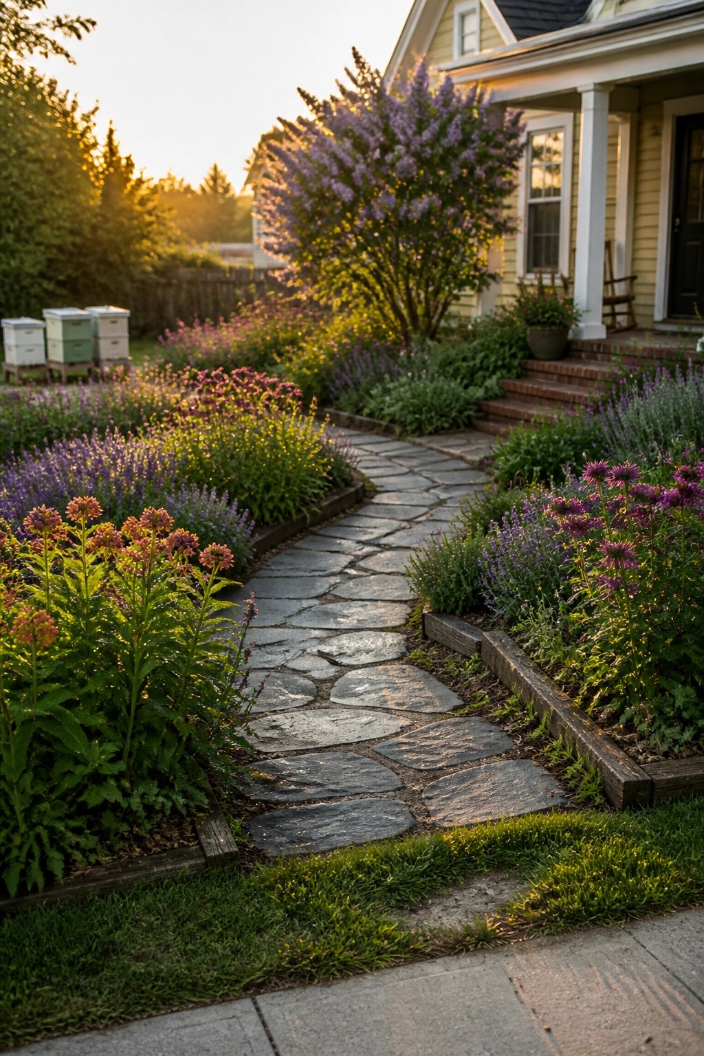 Winding stone path through colorful flower beds to yellow house at sunset