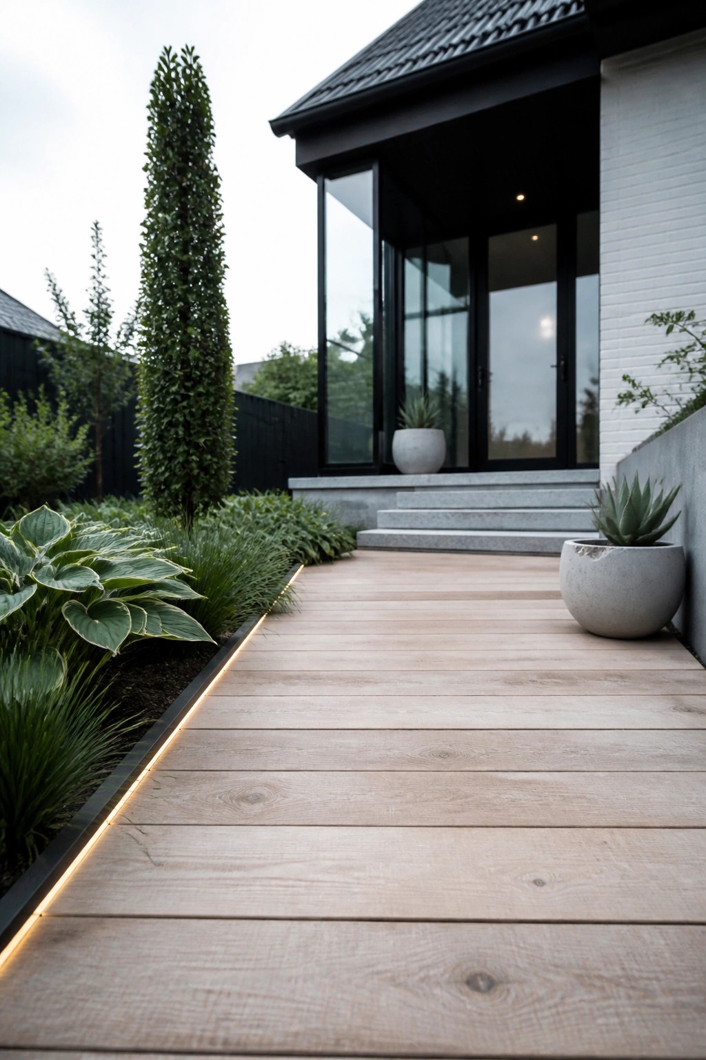 A light wooden plank pathway with a glowing LED strip along its left edge leads to a modern house entrance, bordered by layered green plants and a large concrete planter.