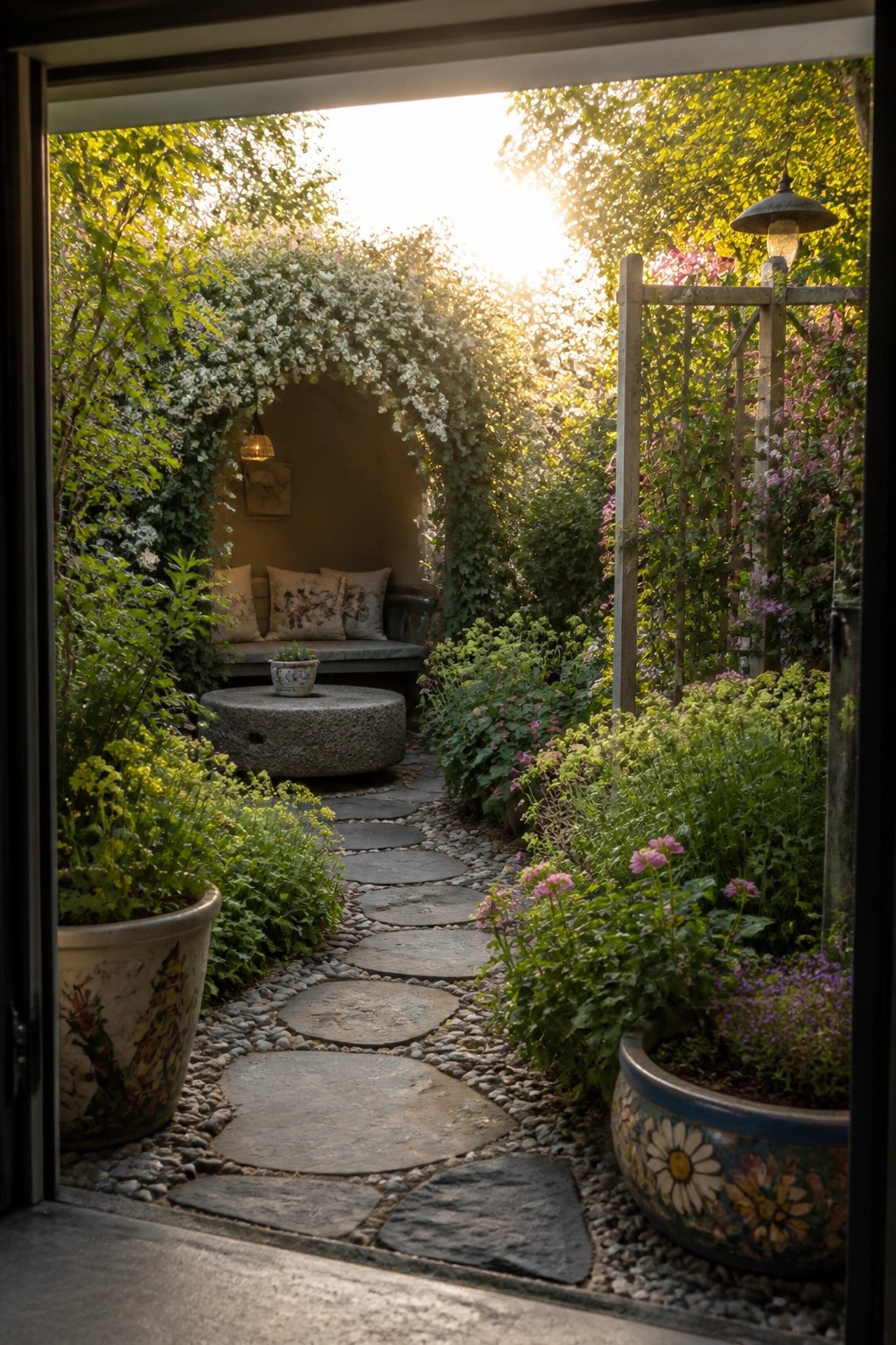 Lush garden path with stepping stones leads to flower-covered arched bench at sunset.