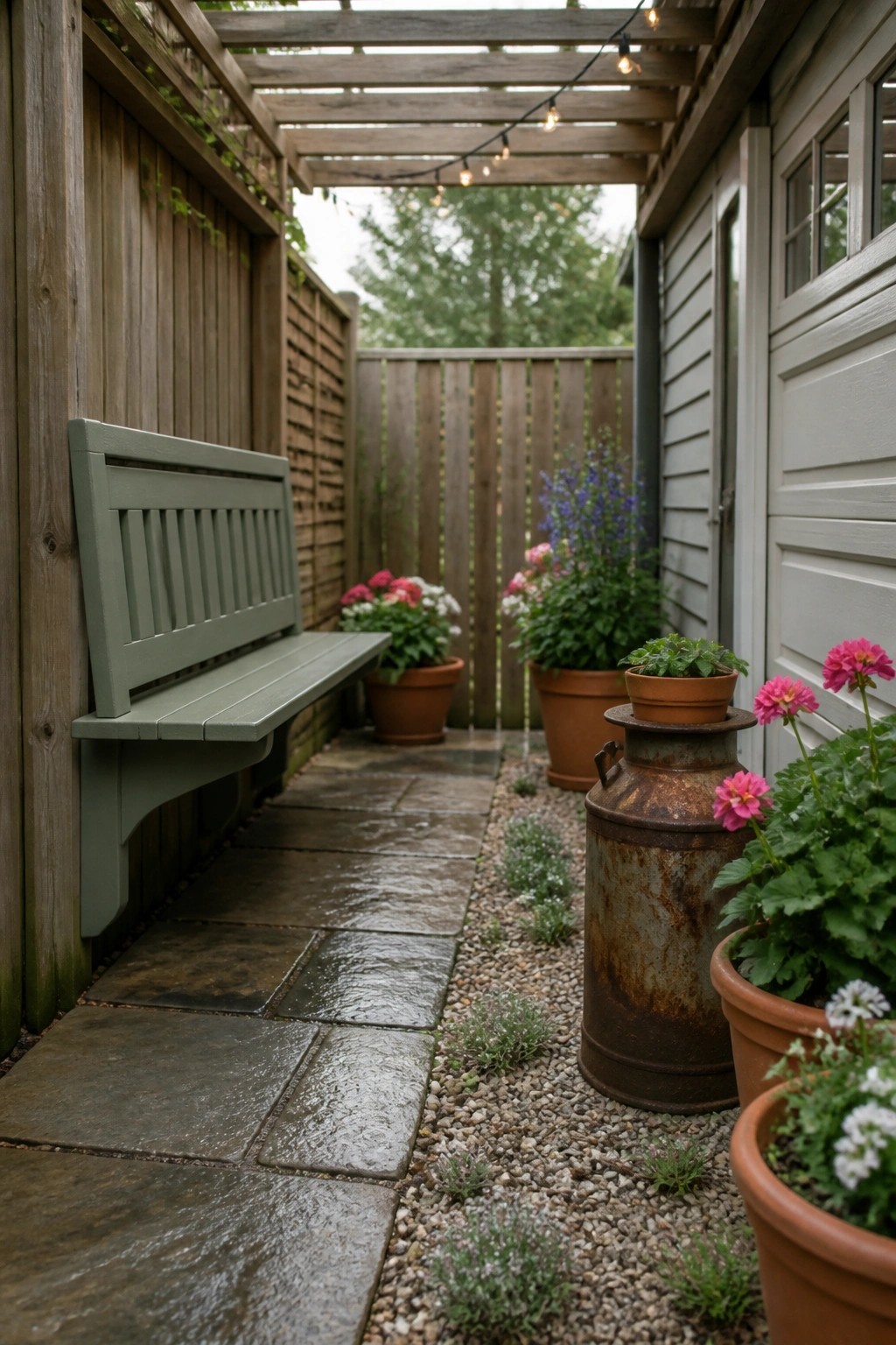 A green wooden bench attached to a fence in a narrow garden walkway paved with stone and gravel, lined with potted flowers and plants under a wooden overhead structure.
