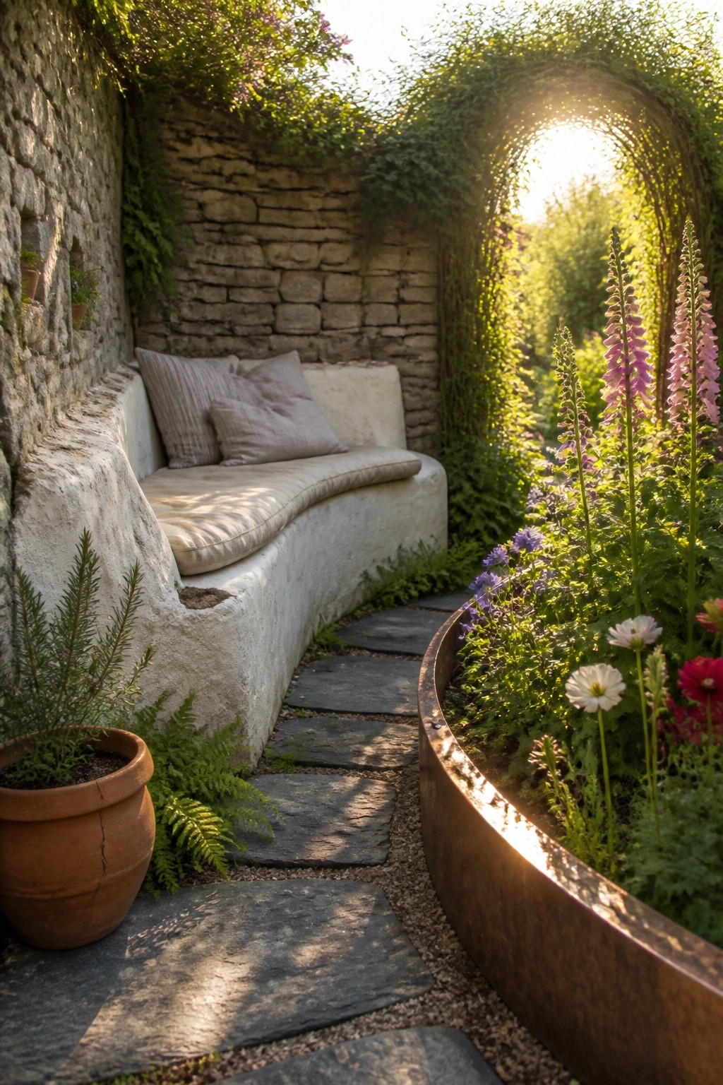 Stone bench with cushions along garden path, flowers in metal planter, sunny archway