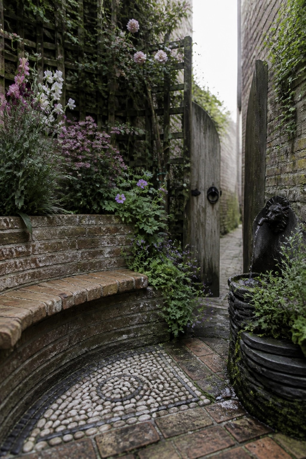 A narrow garden with a curved brick bench set into raised beds filled with flowering plants, a pebble mosaic on the ground, and a stone lion fountain on the right.