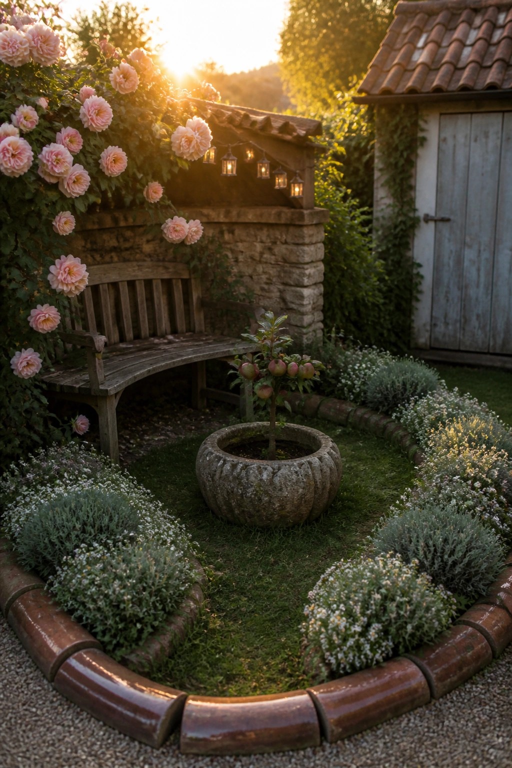 A small curved garden bed edged with terracotta tiles encloses a central potted tree, with a wooden bench set against a stone wall covered in pink roses.