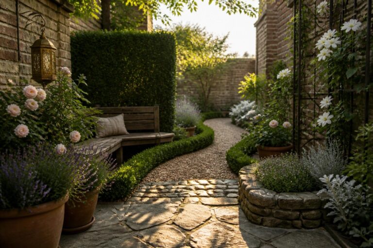 A wooden bench with cushions sits beside a tall green hedge in a narrow brick-walled garden with a cobblestone path, potted plants, and flowering borders.