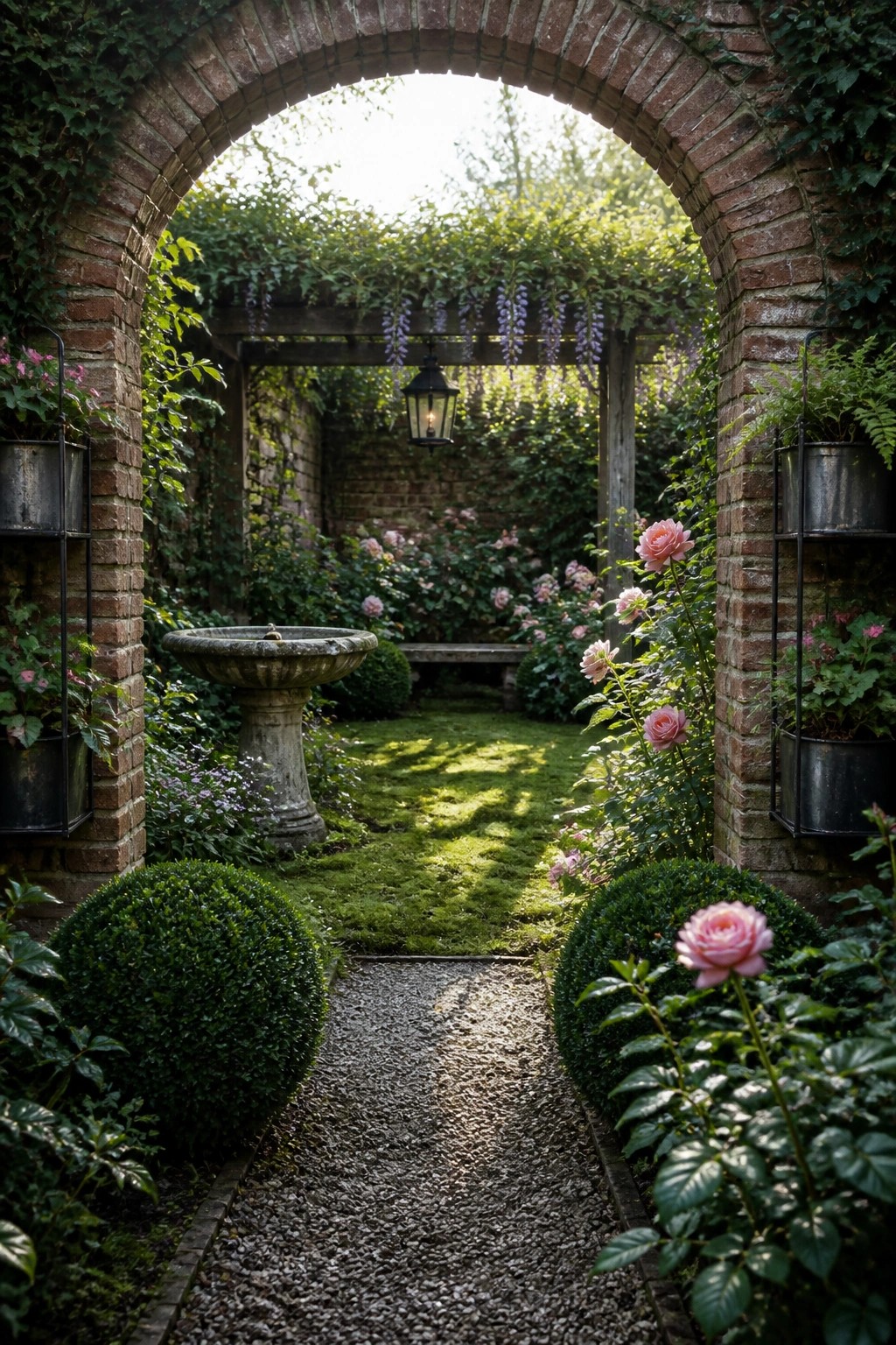 A gravel path runs through a brick arch into a cottage garden with a stone birdbath, pink roses, and a wooden bench visible under a wisteria-covered pergola.