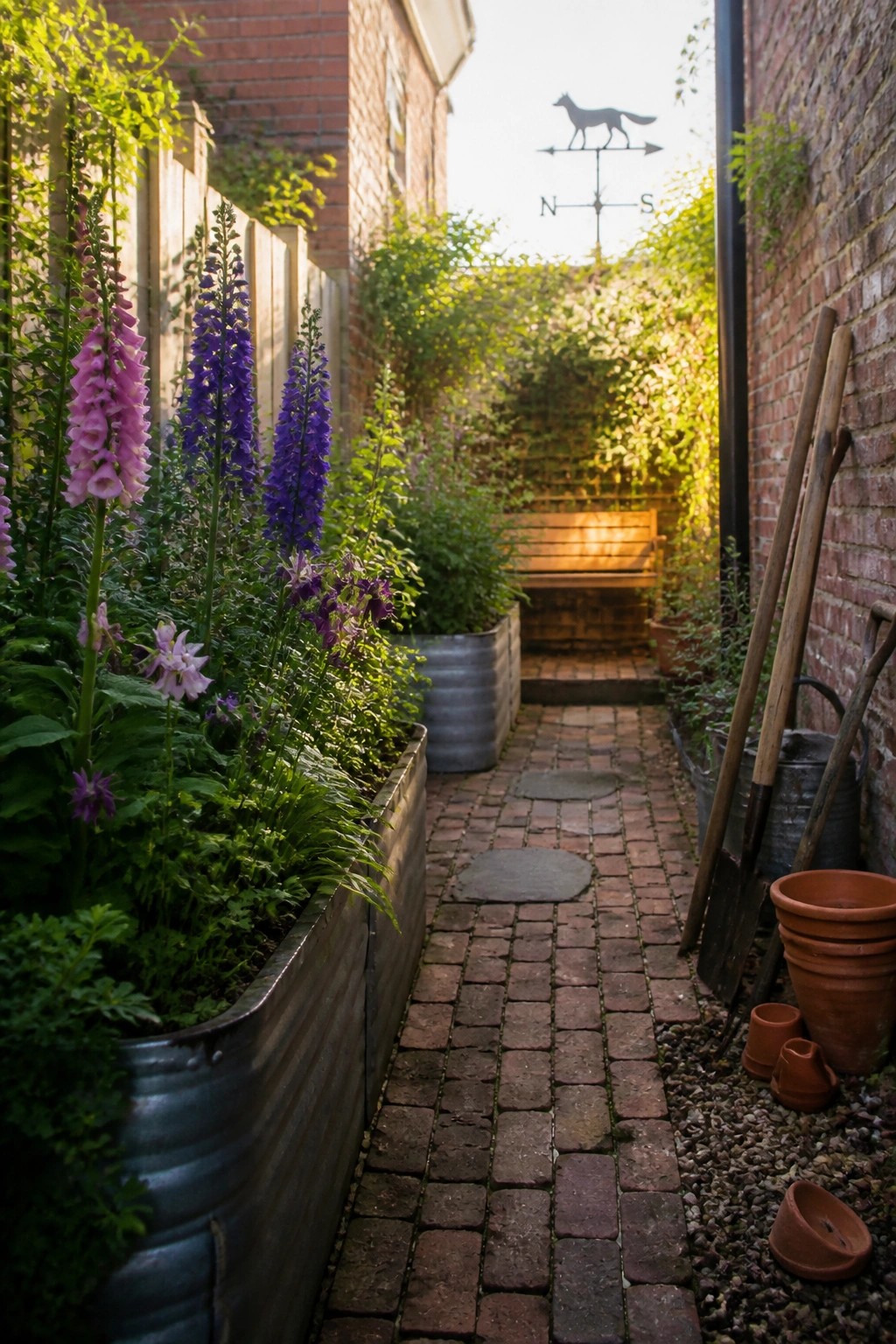 A narrow brick garden path lined with long metal trough planters filled with tall pink and purple flowers, leading toward a wooden bench.