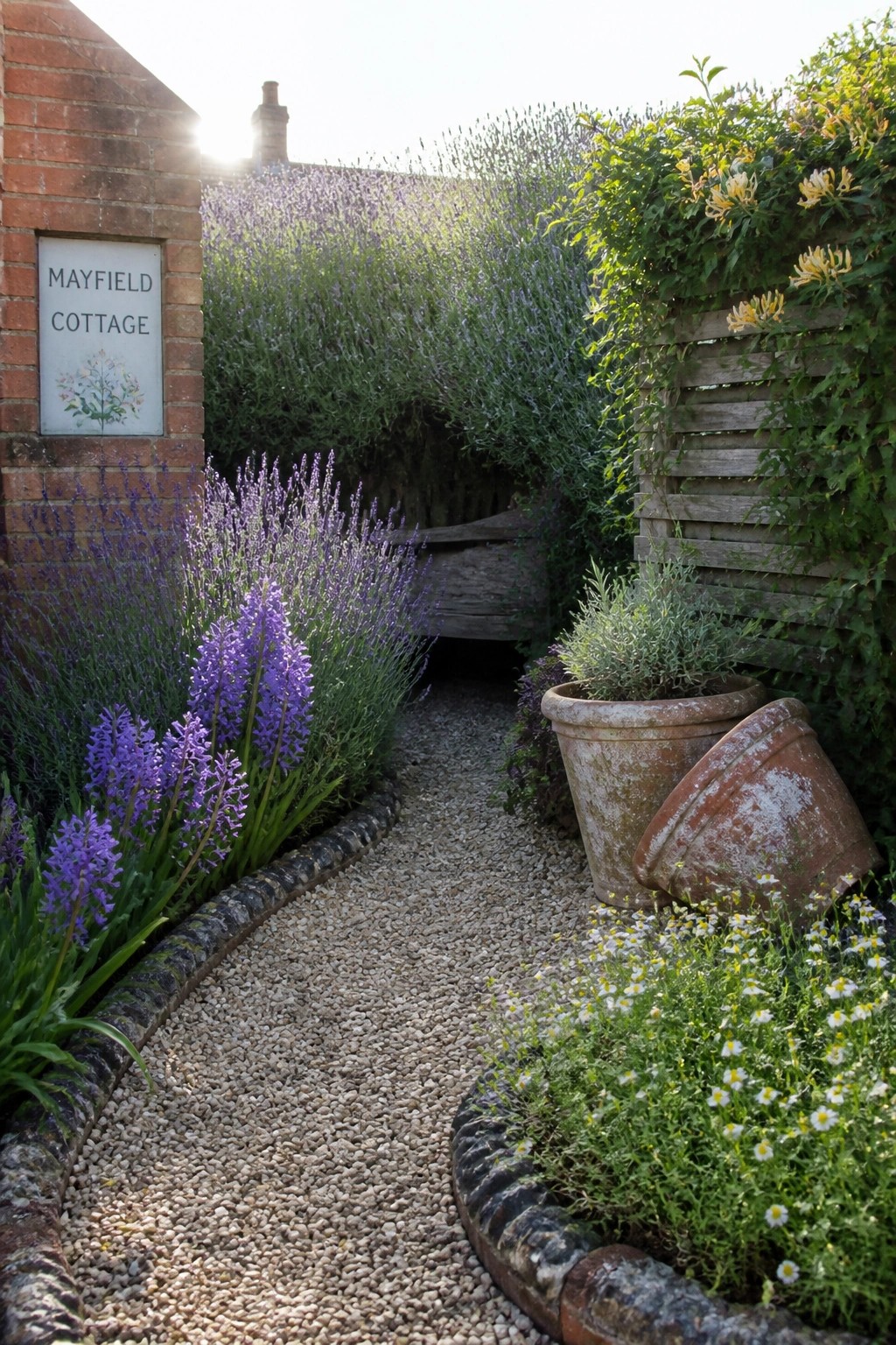 A gravel path bordered by purple flowers and green plants curves past terracotta pots toward a hidden bench area, with a brick wall and cottage sign on the left.