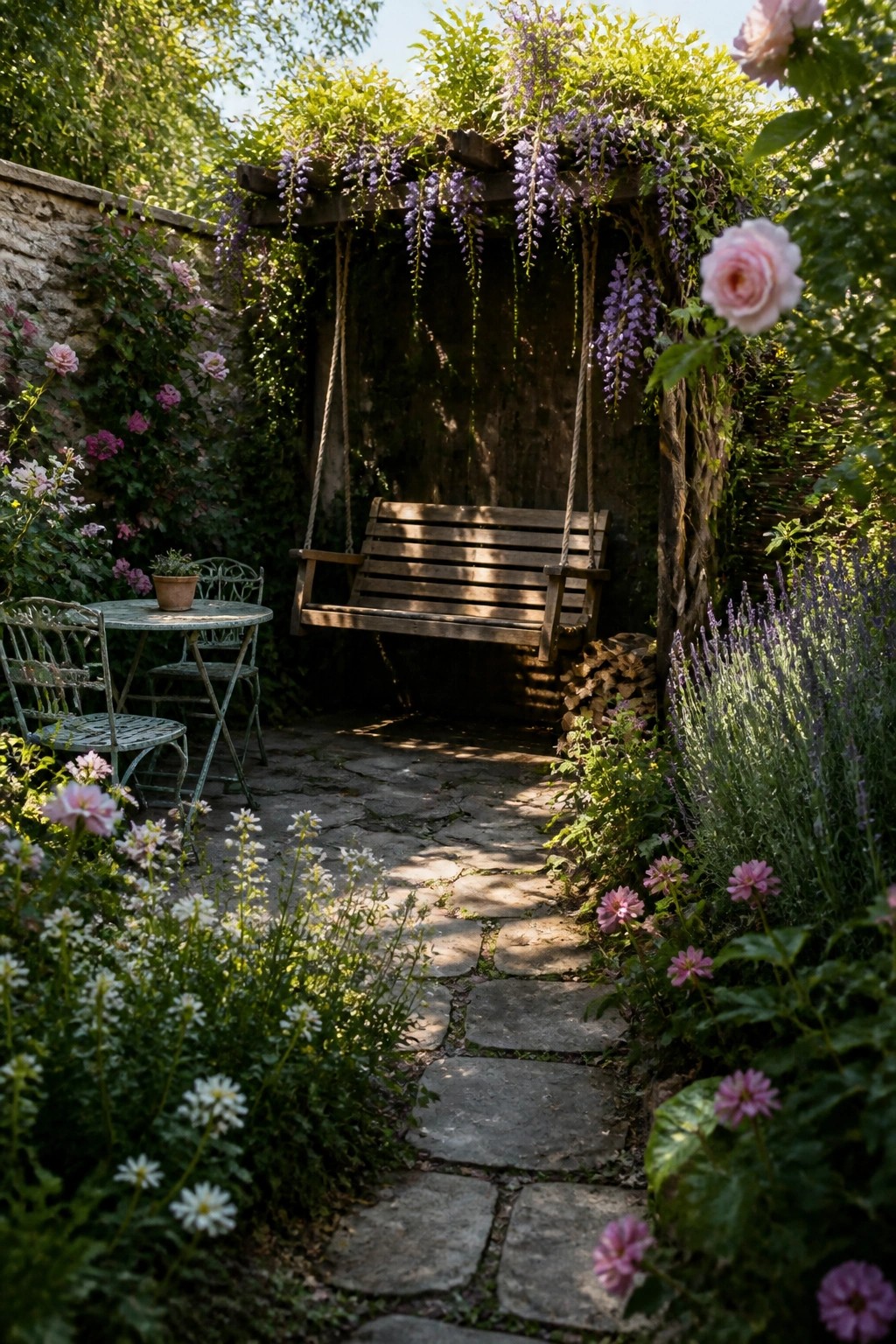 A wooden swing hangs from a wooden structure covered in purple wisteria vines beside a stone path in a flower-filled garden with a stone wall.