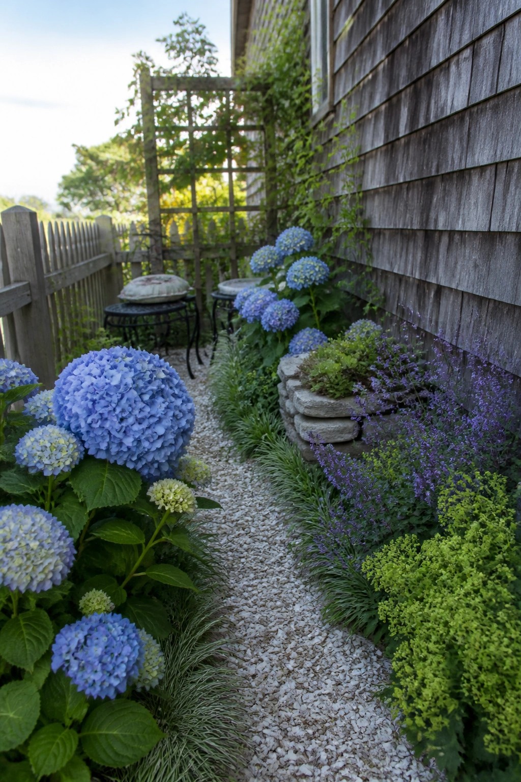 A narrow gravel path runs beside a wooden house wall, bordered by blue hydrangeas on the left and layered purple and green plants on the right with a wooden trellis in the background.