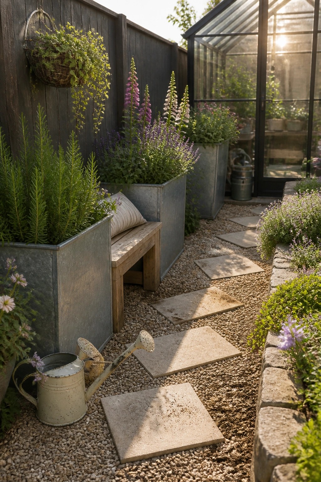 A gravel garden path with stone pavers lined by galvanized metal planters holding flowers and greenery, including a wooden bench with a cushion placed between two planters.