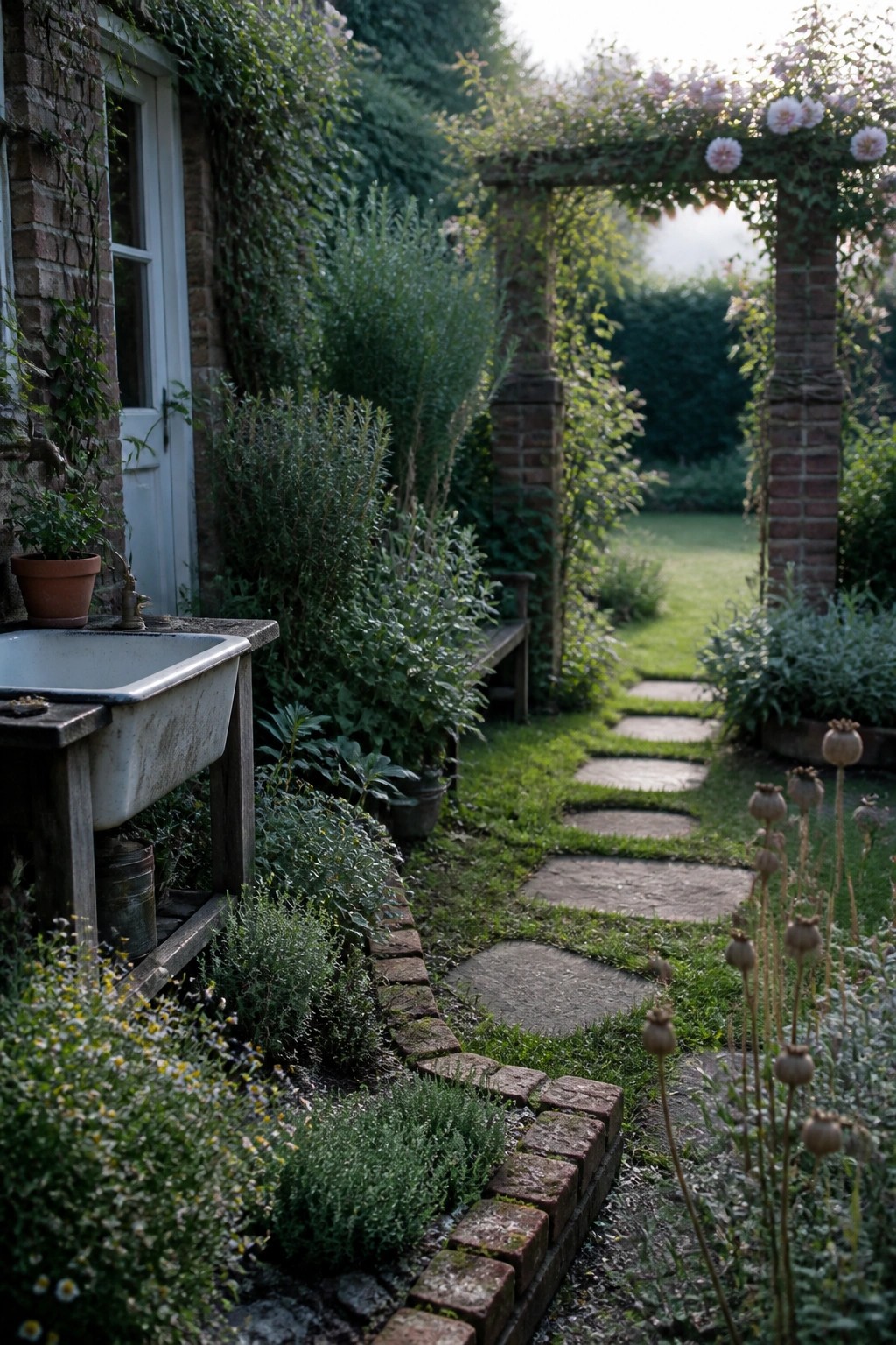 A narrow garden path of irregular stepping stones bordered by low brick edging, flanked by dense green planting and leading toward a brick arch covered in roses.