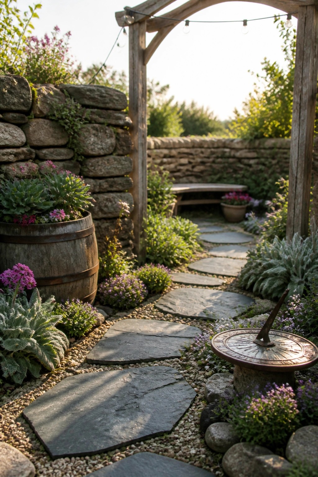 A narrow garden path of irregular gray stone slabs set in gravel winds past flowering plants, a wooden arch, a barrel planter, and a stone sundial.