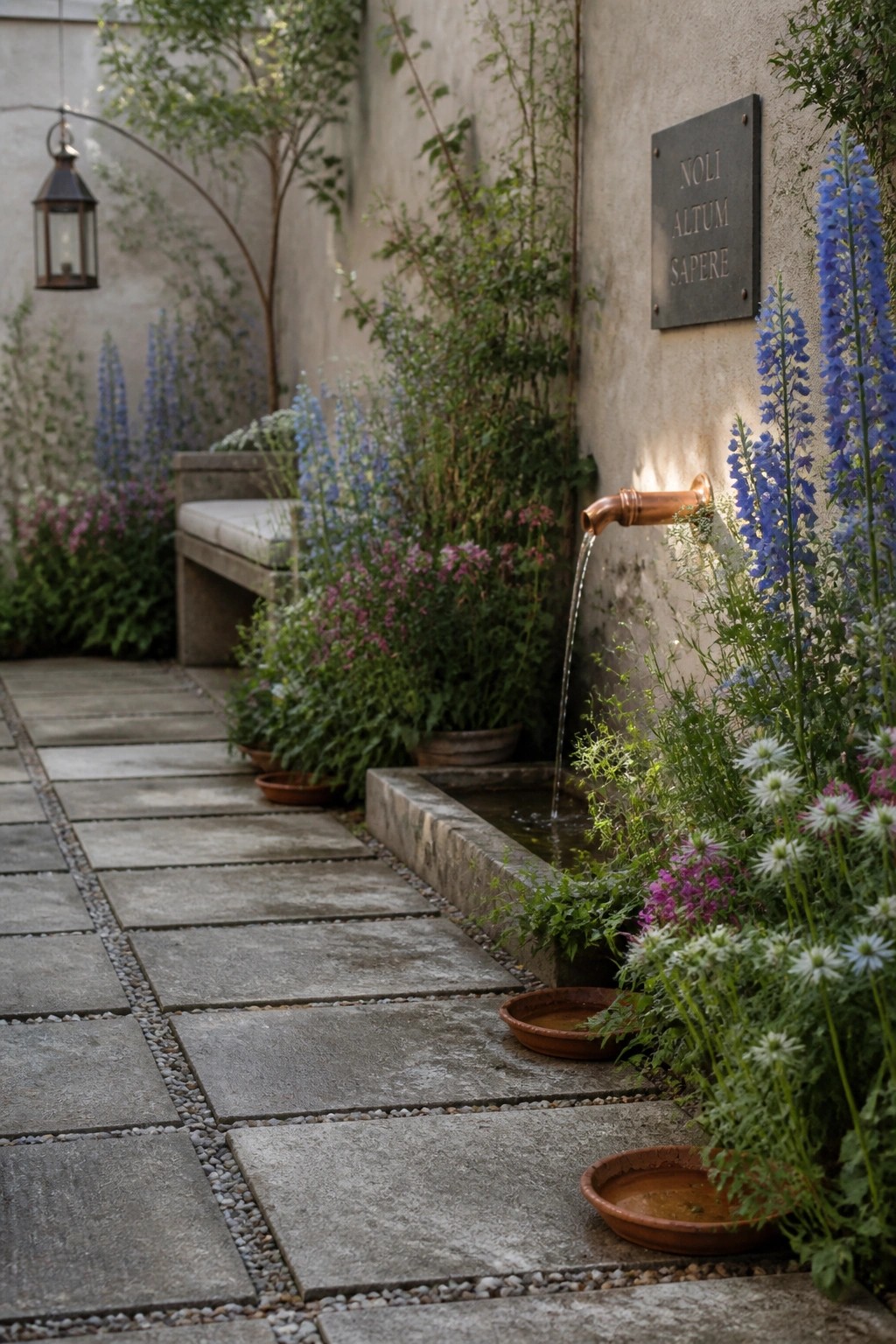A stone pathway runs beside a long stone trough with a copper spout pouring water, bordered by dense blue, pink, and white flowers against a textured wall.