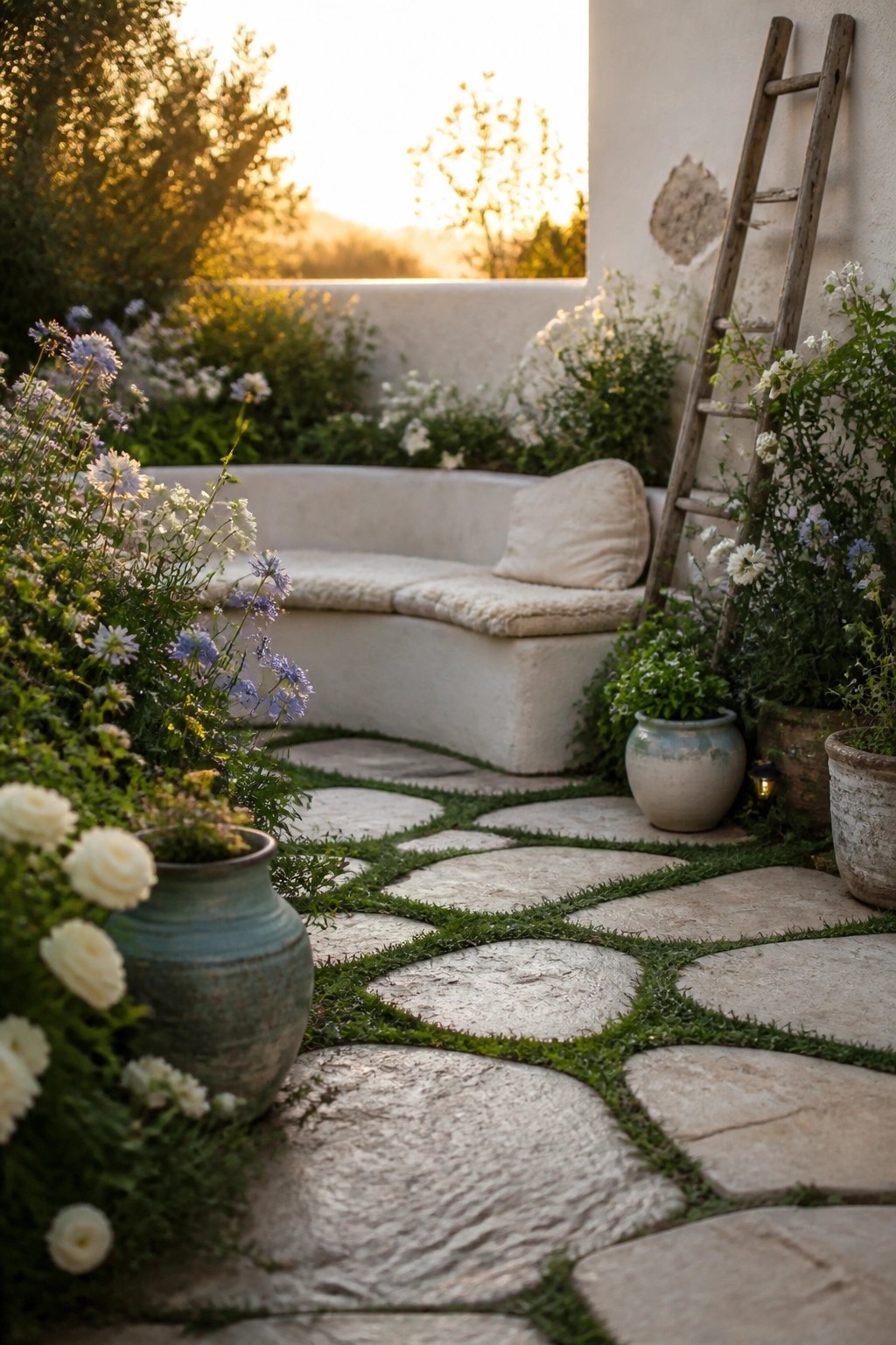 A garden path of large irregular stone pavers with grass between the joints leads to a curved built-in bench, surrounded by potted plants and flowering shrubs.