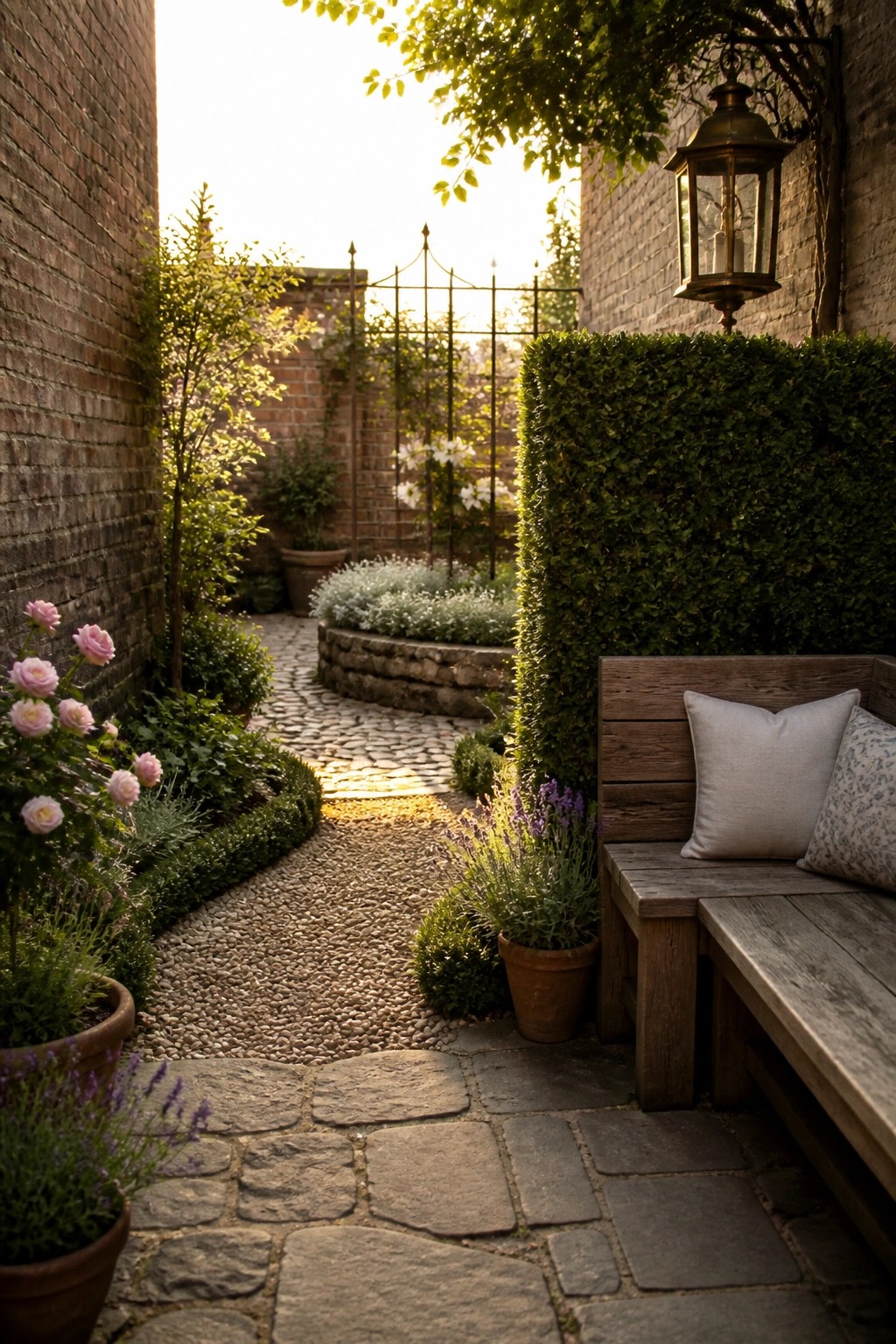 A wooden bench with cushions sits beside a tall green hedge in a narrow brick-walled garden with a cobblestone path, potted plants, and flowering borders.