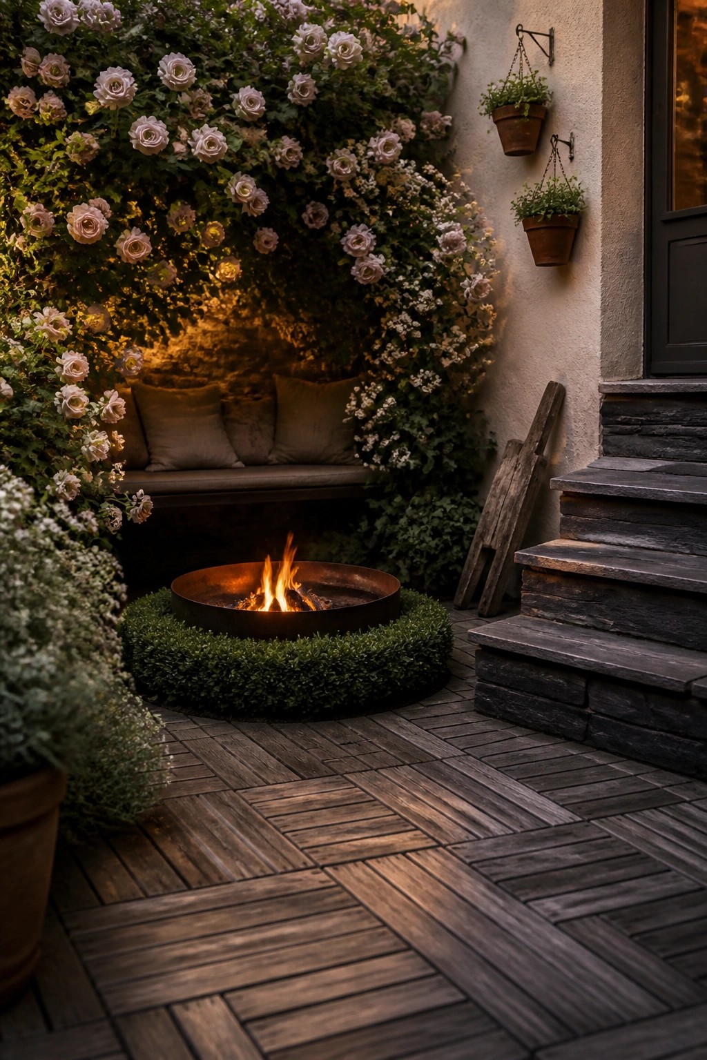 A round fire pit sits on a wooden deck in front of a cushioned bench, surrounded by climbing roses on the wall and potted plants nearby.