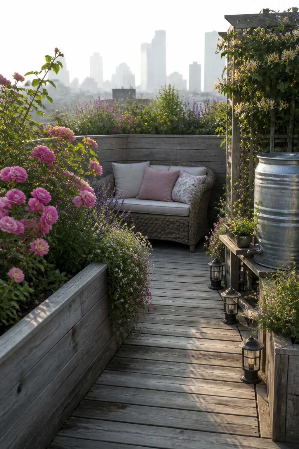 A narrow wooden deck leads to a cushioned wicker bench set between raised wooden planters filled with pink roses and purple flowers, with lanterns along the path and a city skyline in the distance.