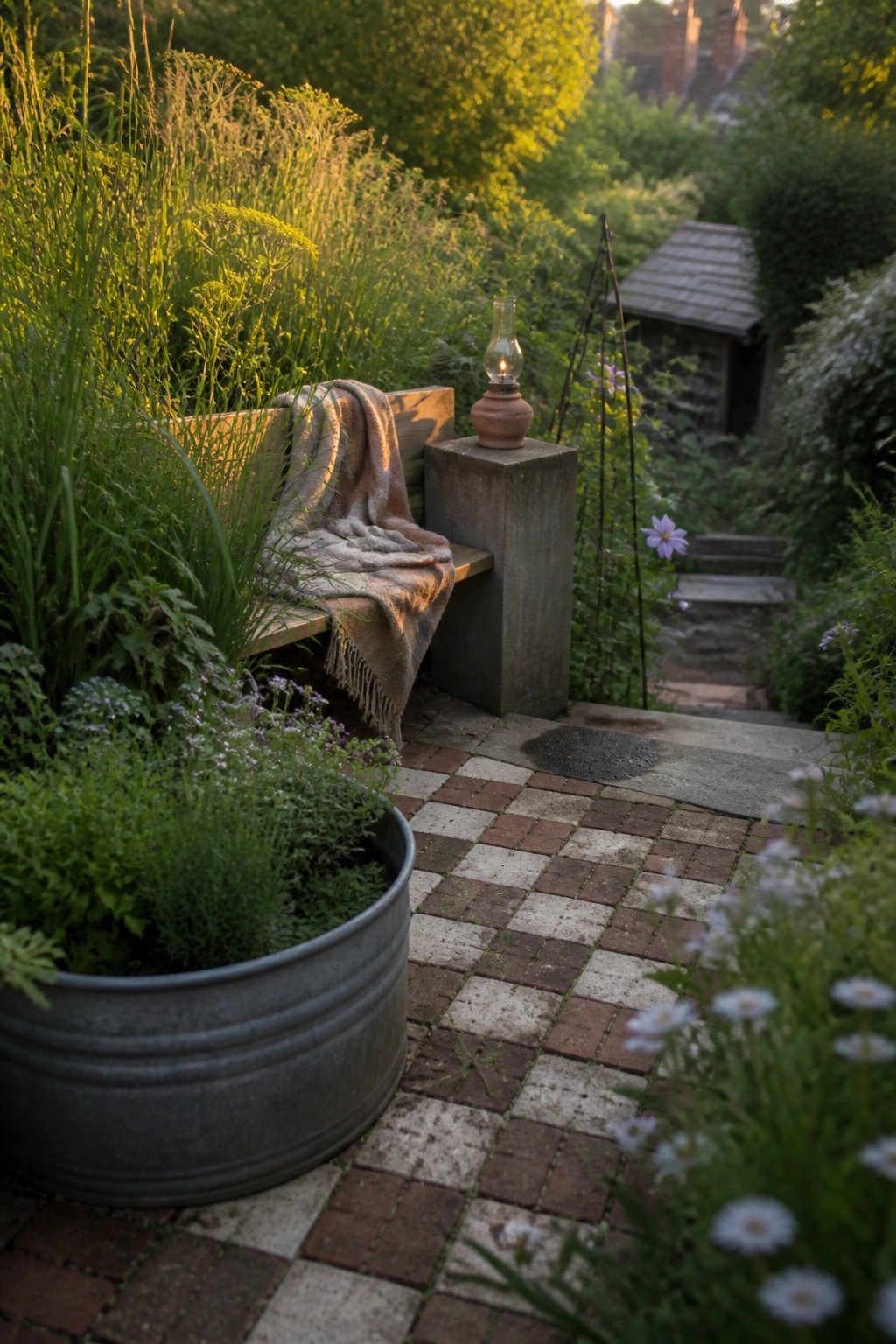 A wooden bench with a folded blanket sits on a brick and stone path next to a metal tub planter, surrounded by tall grasses, flowering plants, and a concrete pedestal holding a lantern.