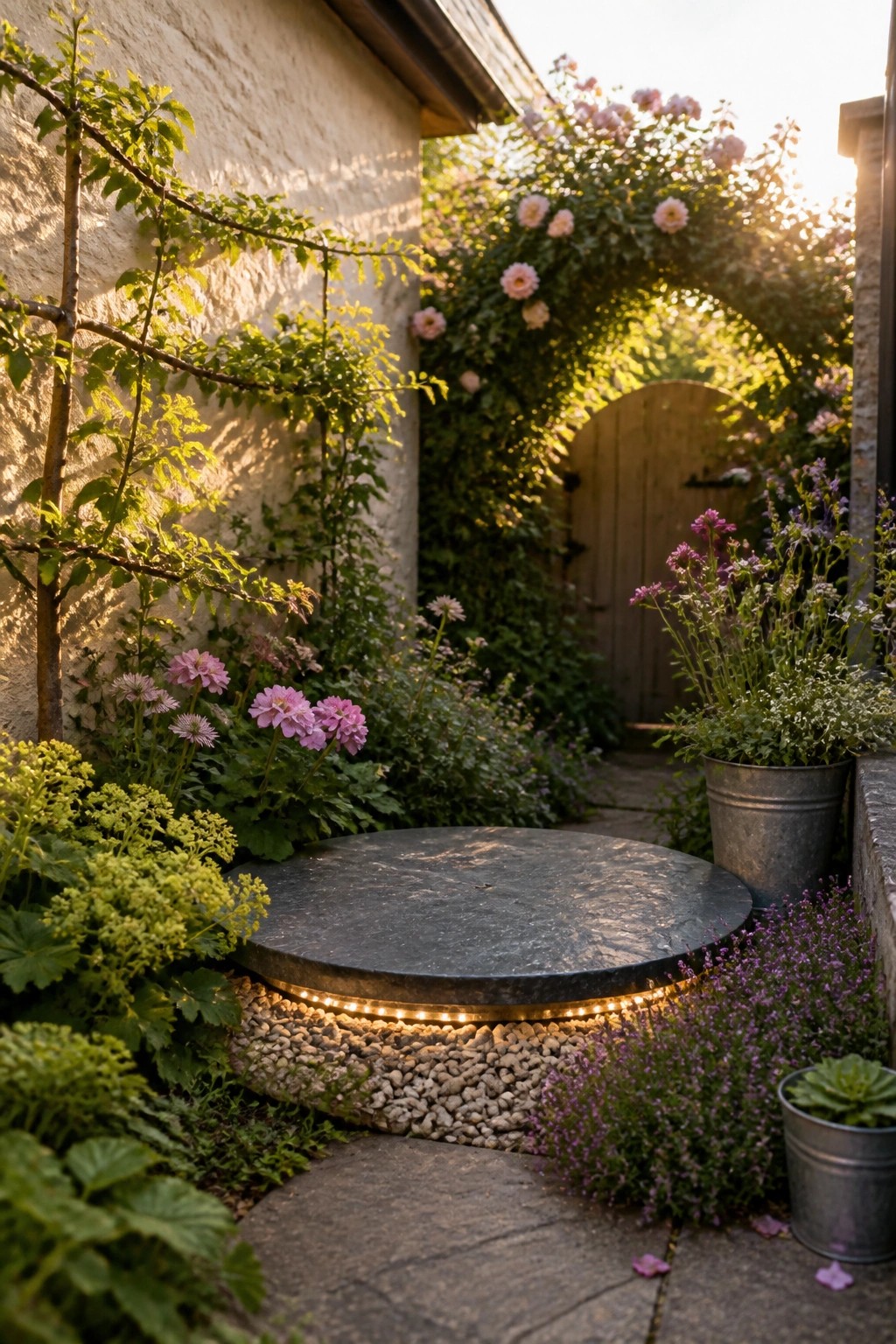 A circular dark stone bench with base lighting rests on pebbles surrounded by pink flowers and purple foliage along a stone path in a garden.