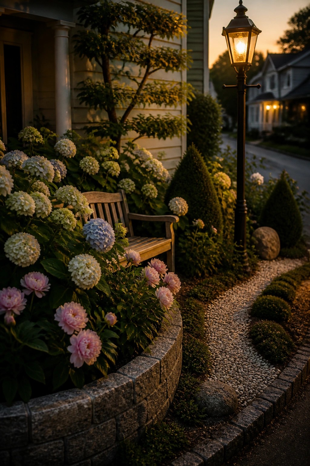 A wooden bench sits among pink peonies and white hydrangeas beside a curved gravel path with a lit lamppost at dusk.
